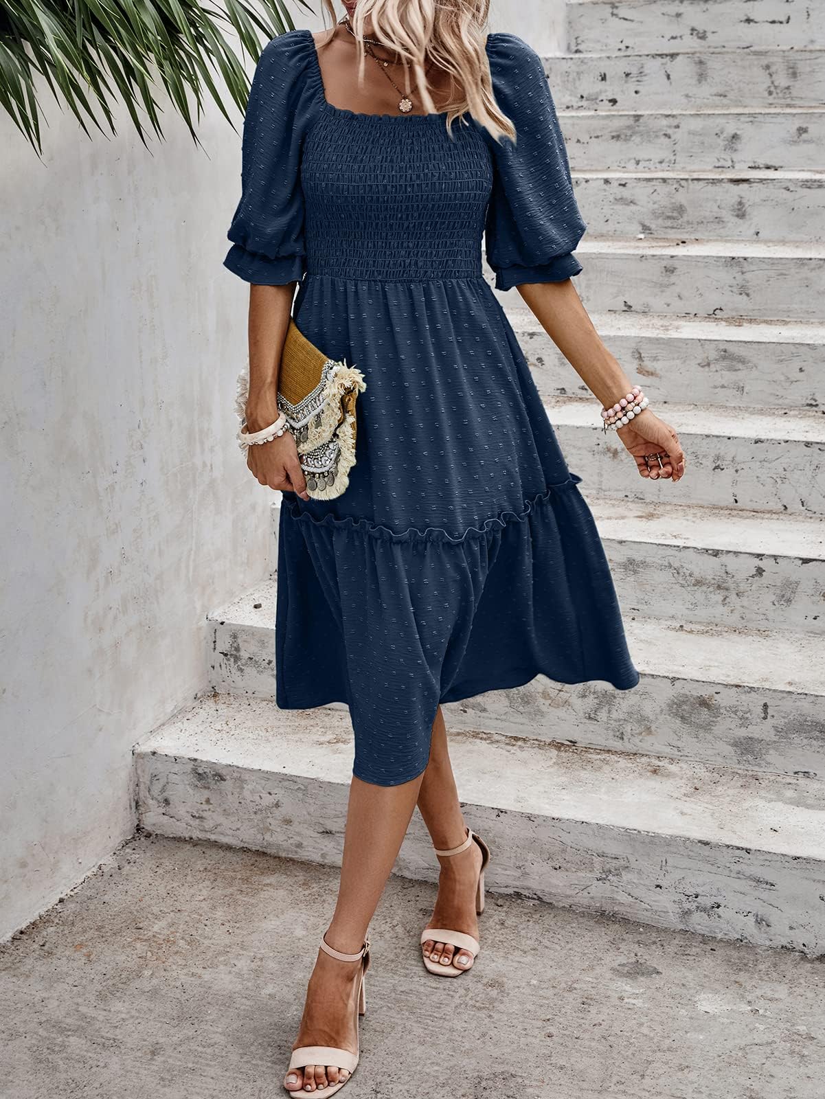PrettyGarden Women's Summer Casual Dress 2025 - Puff Sleeve Square Neck A-Line Flowy Boho Floral Smocked Midi Dress for Beach, Vacation & Date Night