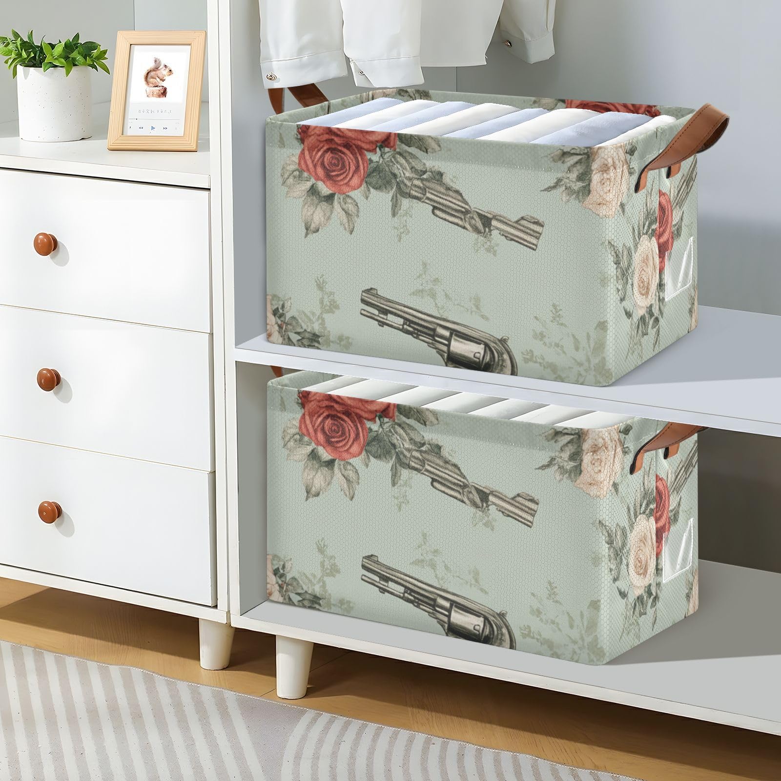 Gothic Rose Metal Fabric Storage Baskets with Handles - 2 Pack Organizer Bins for Closet, Shelf, Cabinet & Bookcase - Perfect for Home, Office & Laundry Room Organization