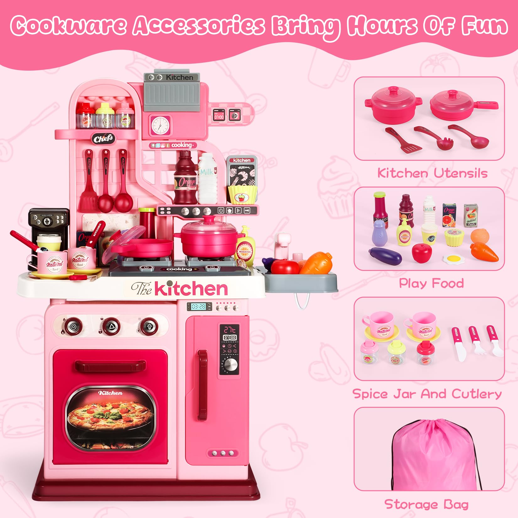 Pink Kids Play Kitchen Set with Sound & Light - 27.1