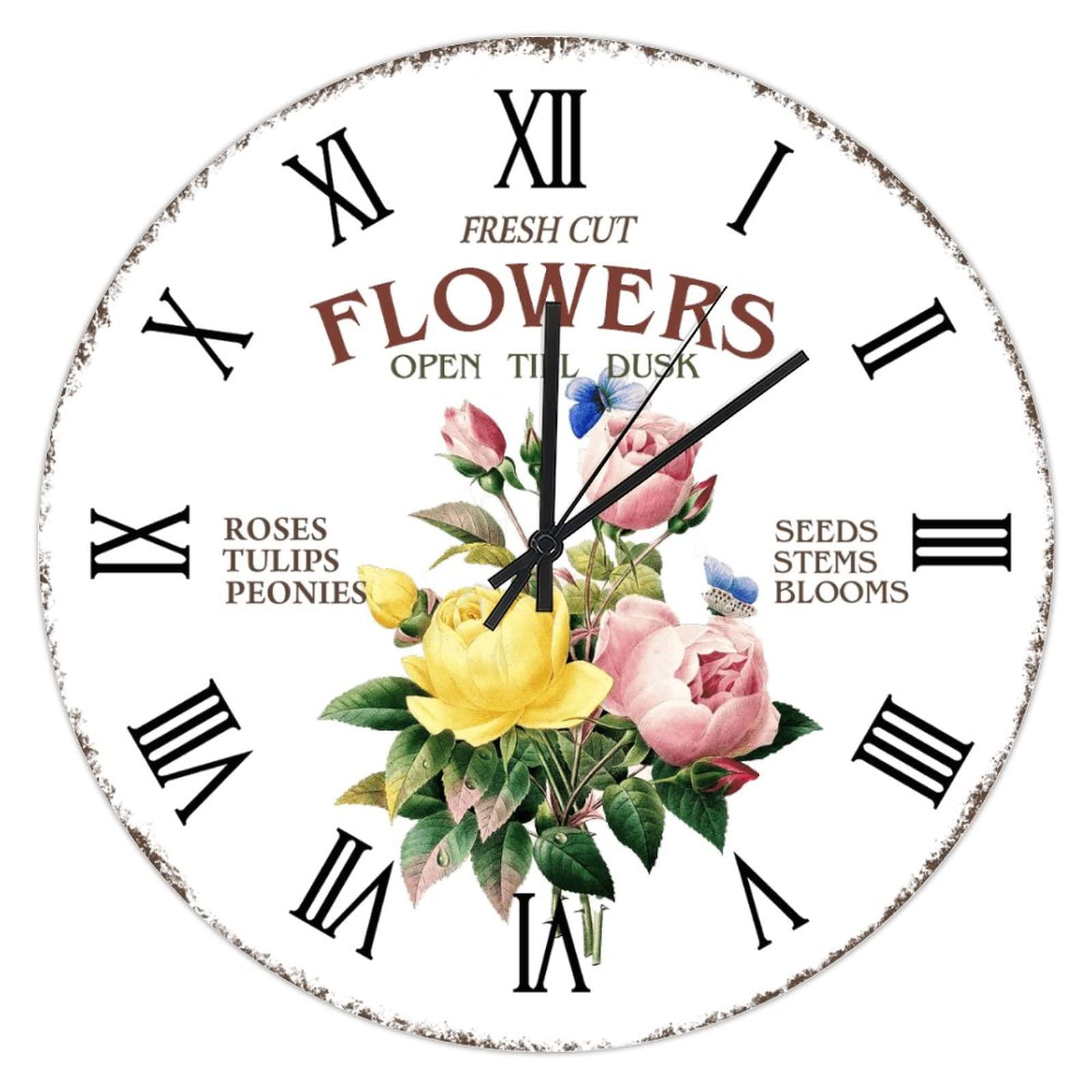 Vintage Pink Rose Wall Clock - 12 Inch Wooden Roman Numeral Flower Market Decor for Farmhouse, Living Room, Kitchen, Bedroom & Office | Perfect Gift for Rose Lovers & Home Decor Enthusiasts