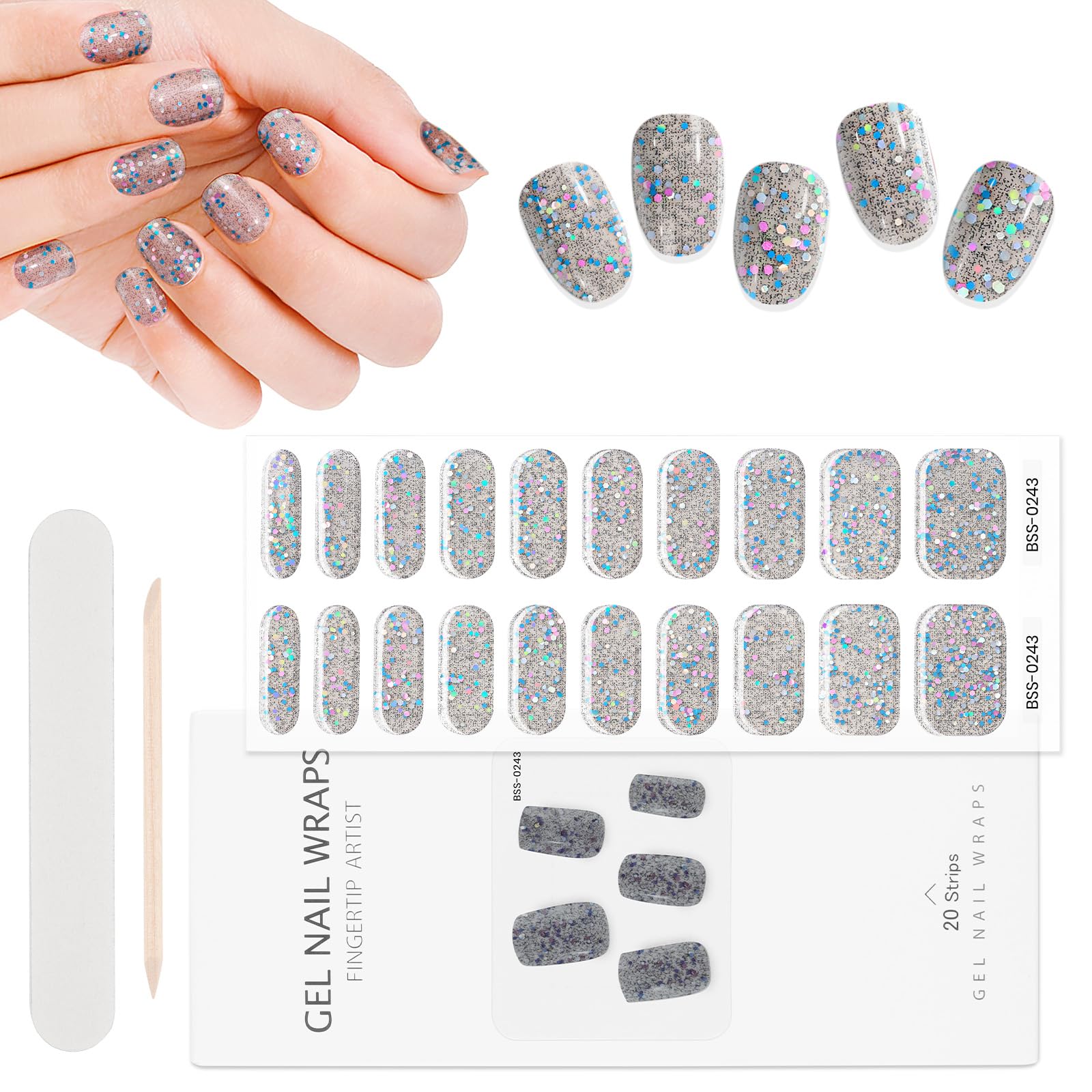 TOROKOM 20-Piece Blue Sequins Cured Gel Nail Strips Kit with Adhesive Wraps, Nail File & Sealing Strip | DIY Salon-Quality Manicure at Home | Requires UV/LED Lamp for Long-Lasting Wear (Perfect for Parties, Weddings & Special Occasions)