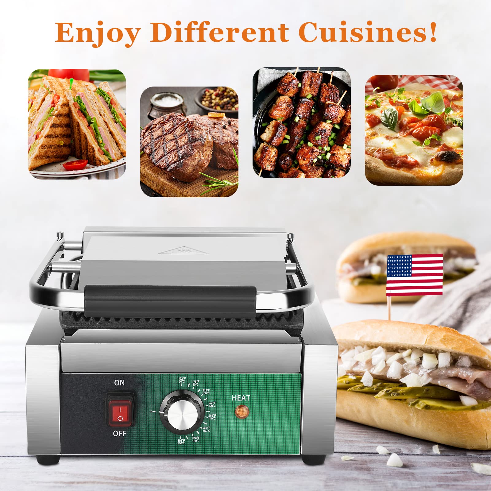 2200W Commercial Electric Panini Press Grill with Non-Stick Grooved Plates, Adjustable Temperature Control Sandwich Maker - Perfect for Hamburgers, Steaks, Paninis & Breakfast Griddles - Ideal for Restaurants, Cafes & Home Kitchens