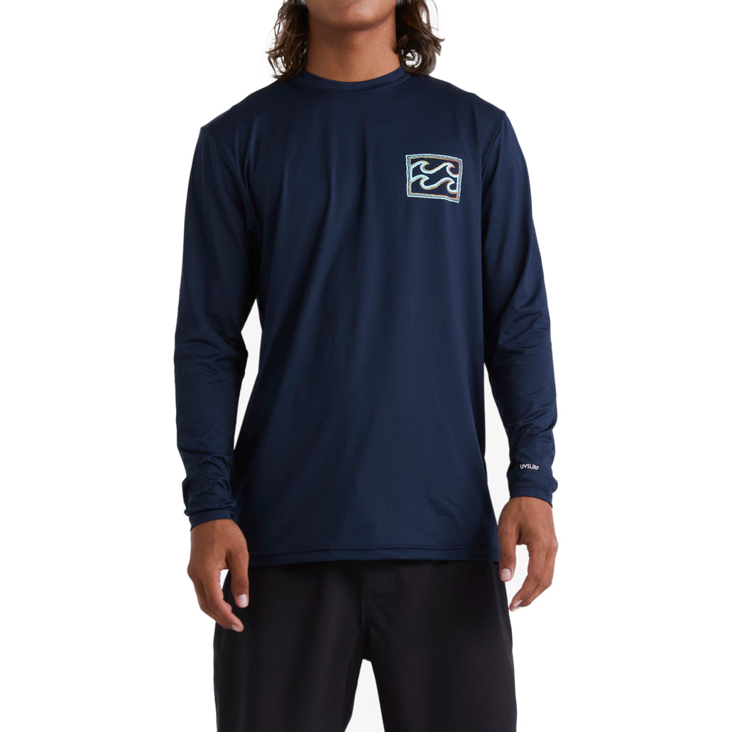 Billabong Men's Long Sleeve Rash Guard - Crayon Wave Loose Fit Surf Shirt for Sun Protection & Water Sports | Navy Blue | Ideal for Surfing, Swimming, and Beach Activities