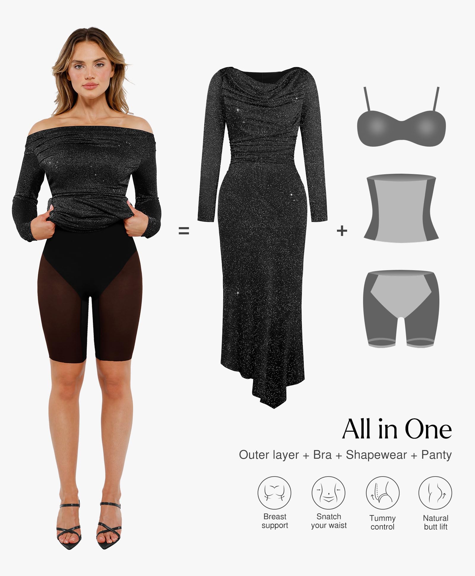 Sparkly Long Sleeve Off-Shoulder Bodycon Dress for Women | Cocktail & Party Mermaid Dress with Built-In Shapewear | Perfect for Evening Events, Date Nights & Special Occasions