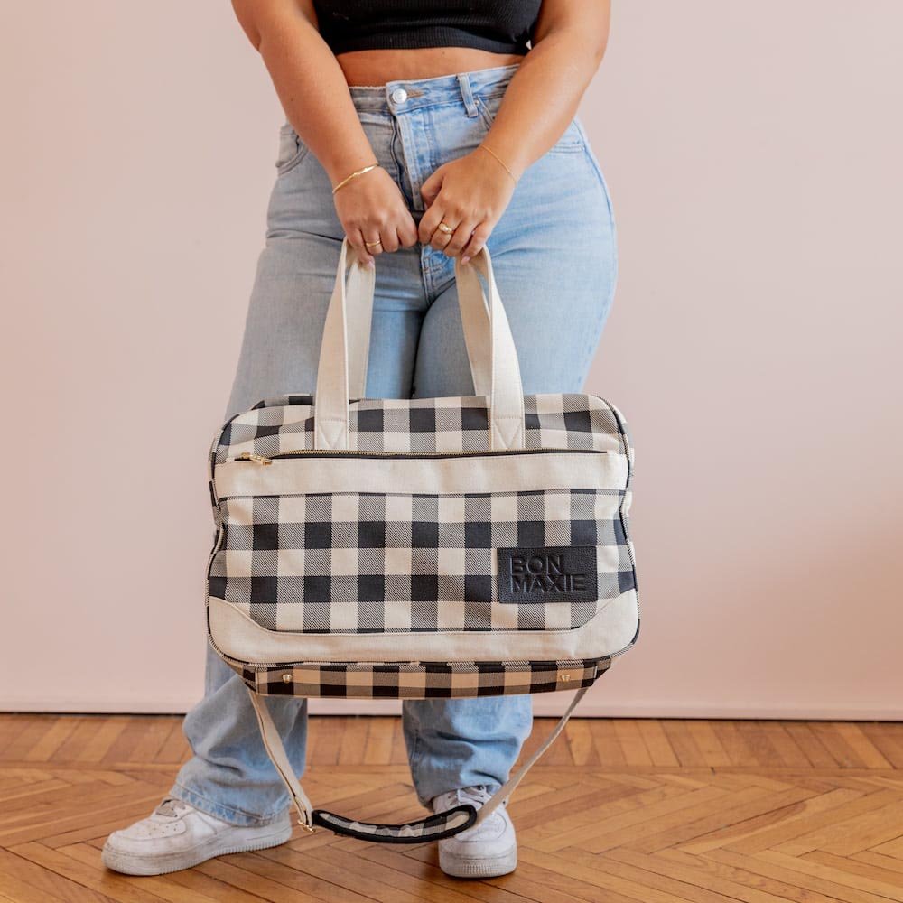 Bon Voyage Weekender Bag - Stylish Black Gingham Travel Duffel for Women & Men | Perfect Carry-On for Weekend Getaways, Gym, Work & Overnight Trips