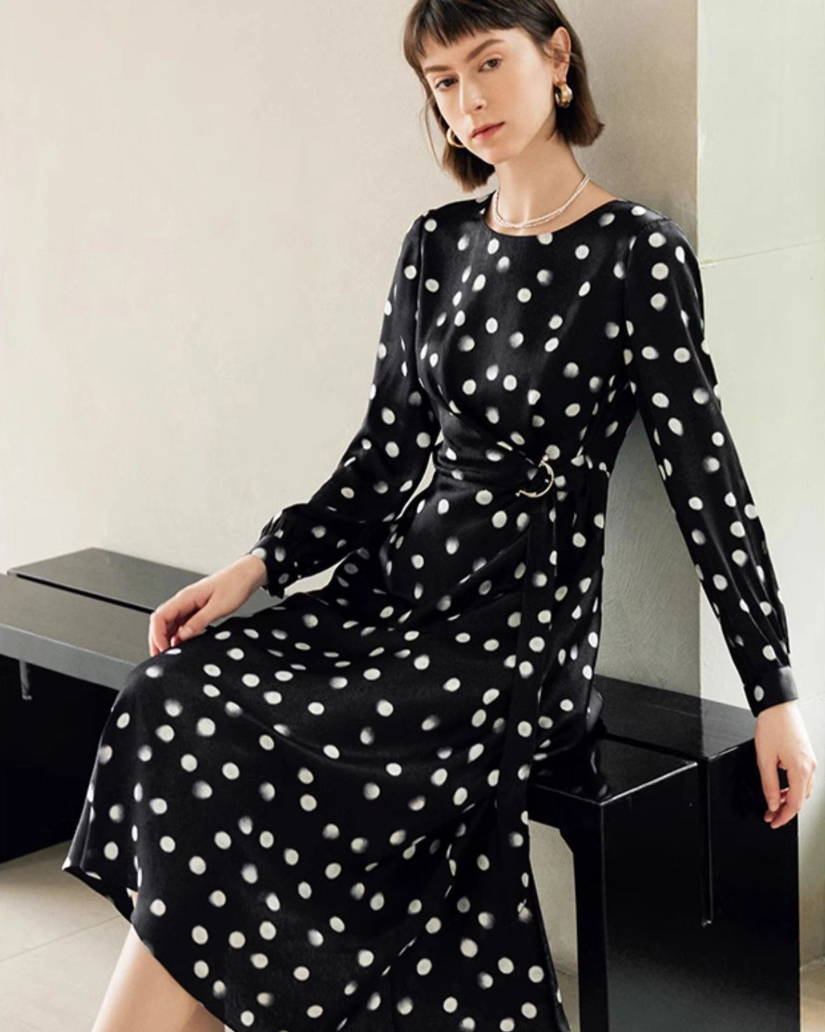 Elegant Polka Dot Belted Silk Dress for Women | Vintage-Inspired Flowy Midi Dress | Perfect for Weddings, Parties & Special Occasions