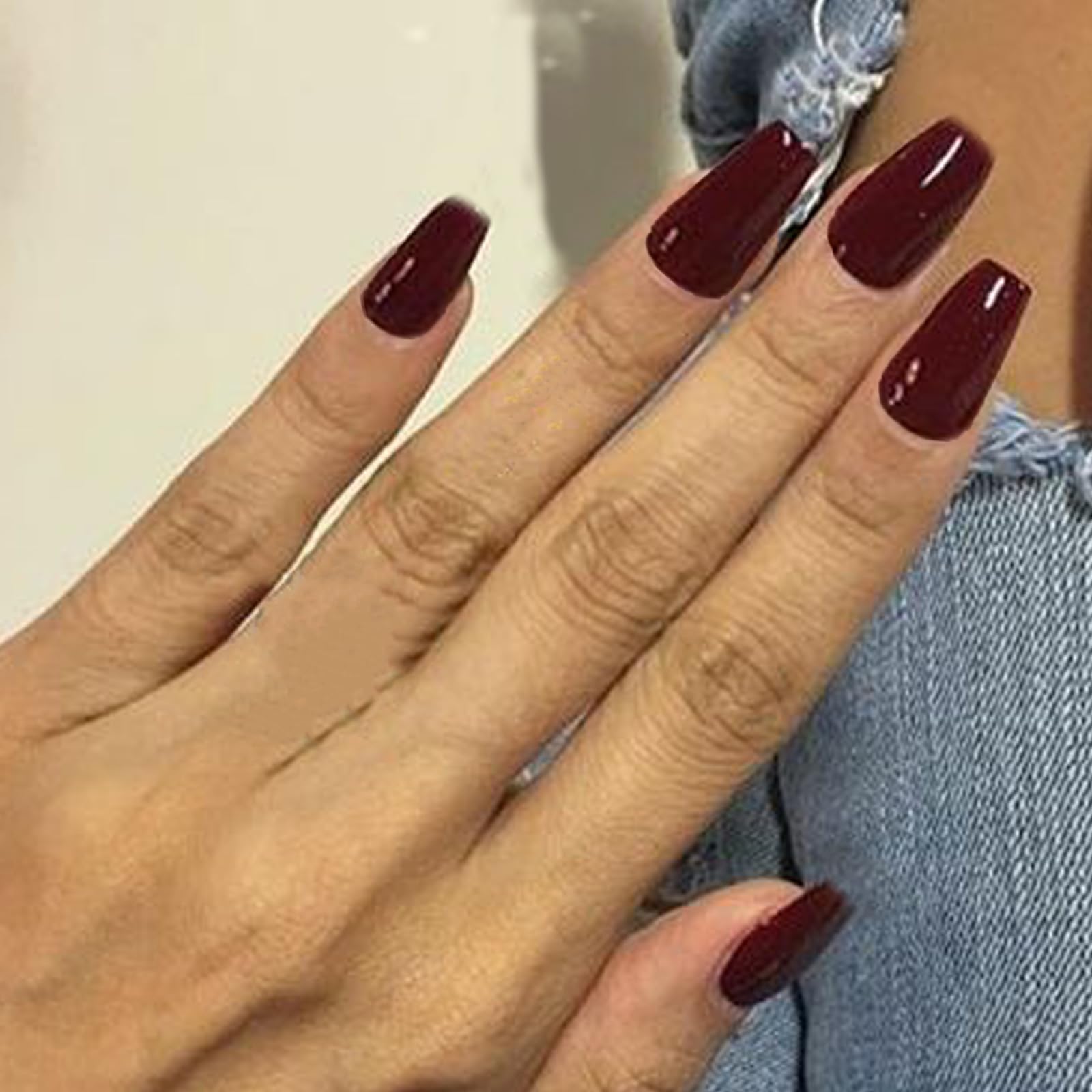 GLAMERMAID Thanksgiving Press-On Nails Short Coffin Style - 24Pcs Burgundy Glossy Medium Square Fake Nails with UV Finish - Reusable Acrylic False Nails Manicure Kit for Women - Perfect for Spring Summer Holidays, Parties & Special Occasions