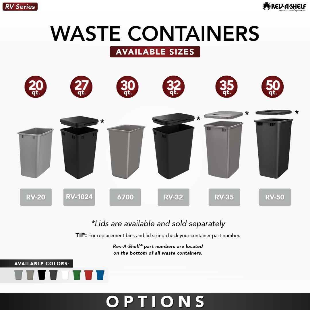 Rev-A-Shelf 27 Quart Polymer Trash Bin & Recycle Waste Container - 2 Pack, Metallic Silver (RV-1024-17-2) | Durable Kitchen Cabinet Pullout Solution for Home, RV & Office Waste Management