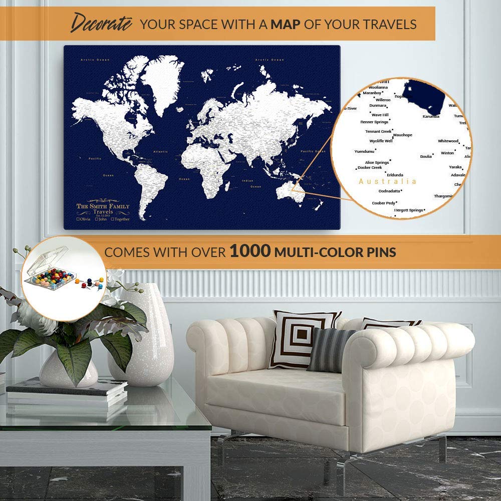 World Push Pin Travel Map - Corkboard World Map with Pins for Travel Tracking | Perfect Travel Gift for Adventurers | Large Canvas Wall Map for Home & Office Decor | Track Your Trips & Dream Destinations