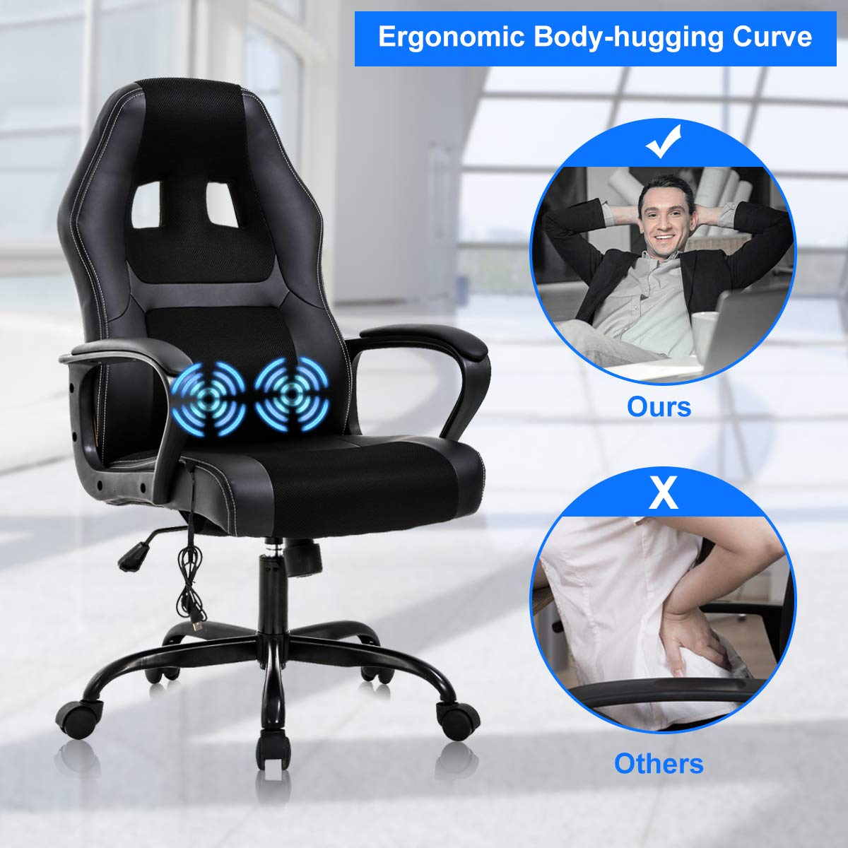 Ergonomic High Back Office Gaming Chair with Lumbar Support & Massage - PU Leather Executive Desk Chair with Adjustable Armrests & Swivel Base for Home Office, PC Gaming, and Workstation Use - Black