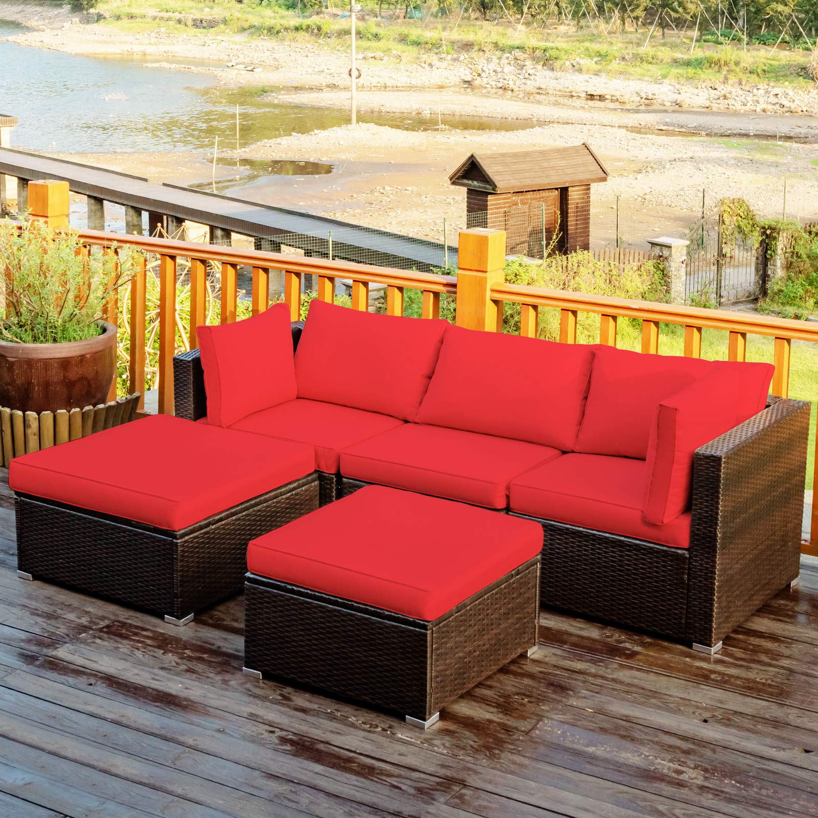 COSTWAY 5-Piece Outdoor Patio Furniture Set - PE Rattan Sectional Sofa with Cushions & 2 Ottomans, Waterproof Garden Conversation Set for Backyard, Deck, Balcony (Red) | Perfect for Outdoor Relaxation & Entertaining Guests