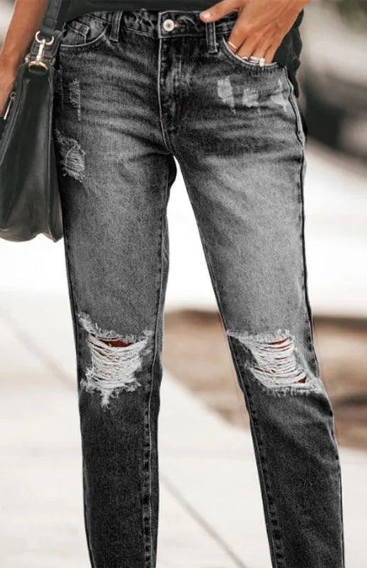 Trendy Women's Ripped Jeans - High Waist Distressed Denim Pants for Casual Wear & Street Style Fashion