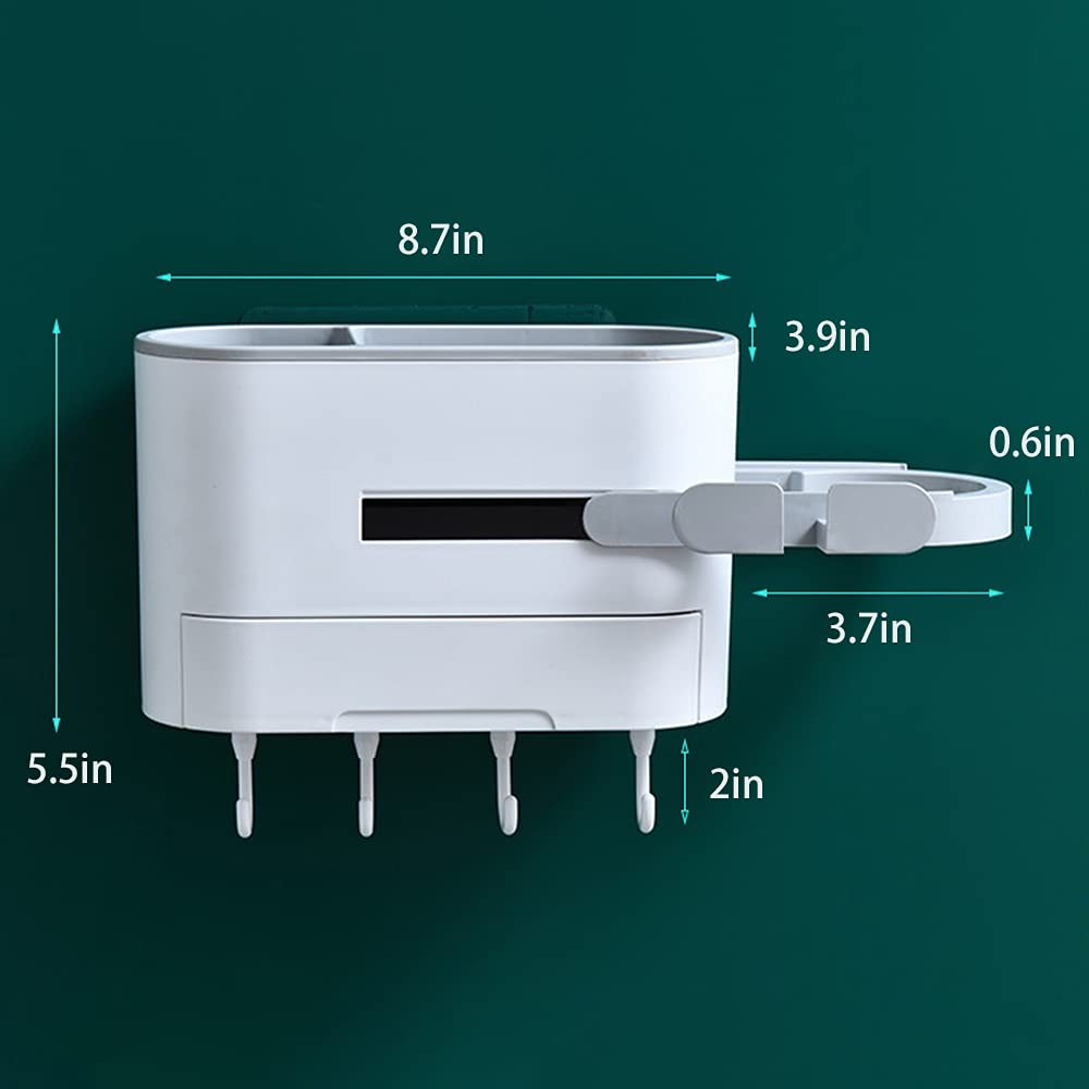 AFULILI Wall Mounted Bathroom Organizer - No Drill Bathroom Storage Shelf with Hair Dryer Holder & 4 Hooks for Towels, Perfect for Bathroom, Shower, Toilet & Kitchen (Grey) - Space Saving Solution for Small Bathrooms & Apartments