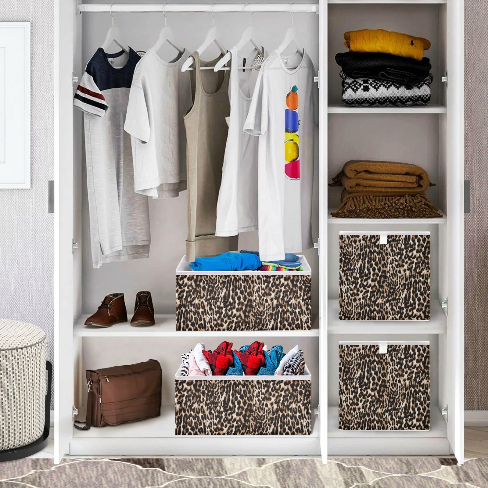 DOMIKING 11 Inch Foldable Fabric Storage Bins with Sturdy Handles - Leopard Print Closet Organizers, Shelf Baskets for Bedroom & Linen Closet (Set of 6) - Perfect for Home Organization, Kids' Room Storage & Office Supplies