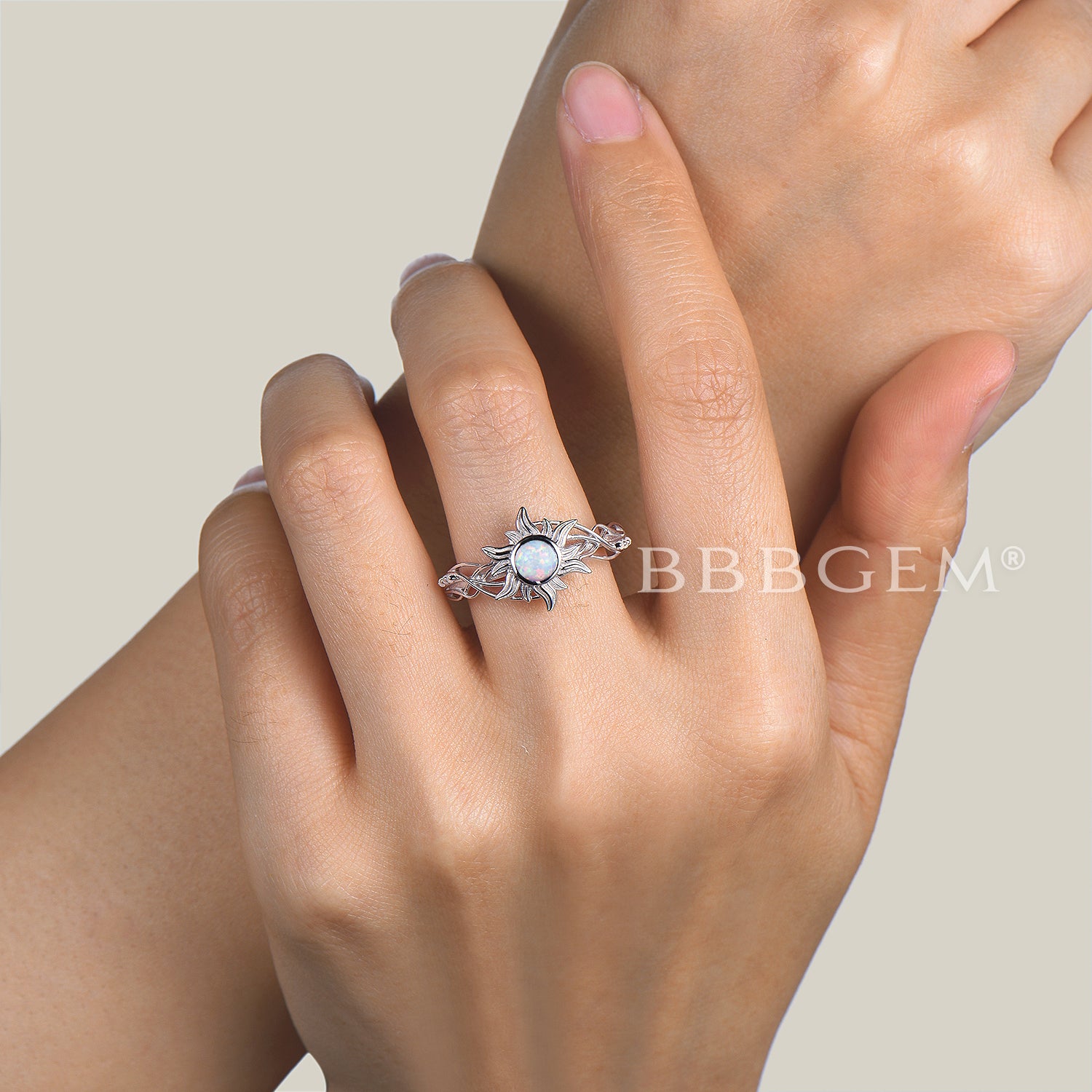 Round Cut White Opal Sun Engagement Ring - Bezel Setting Nature Inspired Wedding Band for Women - Perfect for Proposals, Anniversaries & Boho Chic Style