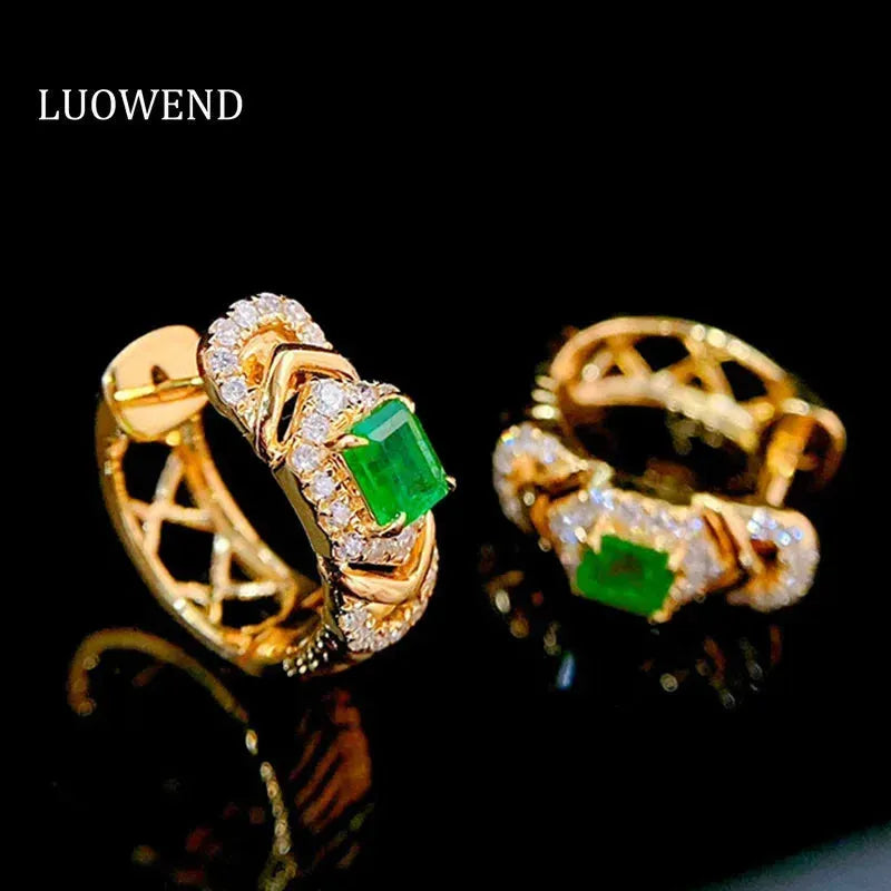 18K Yellow Gold Emerald and Diamond Hoop Earrings for Women | Luxury Real Natural Gemstone Jewelry | Perfect for Parties, Weddings & Special Occasions