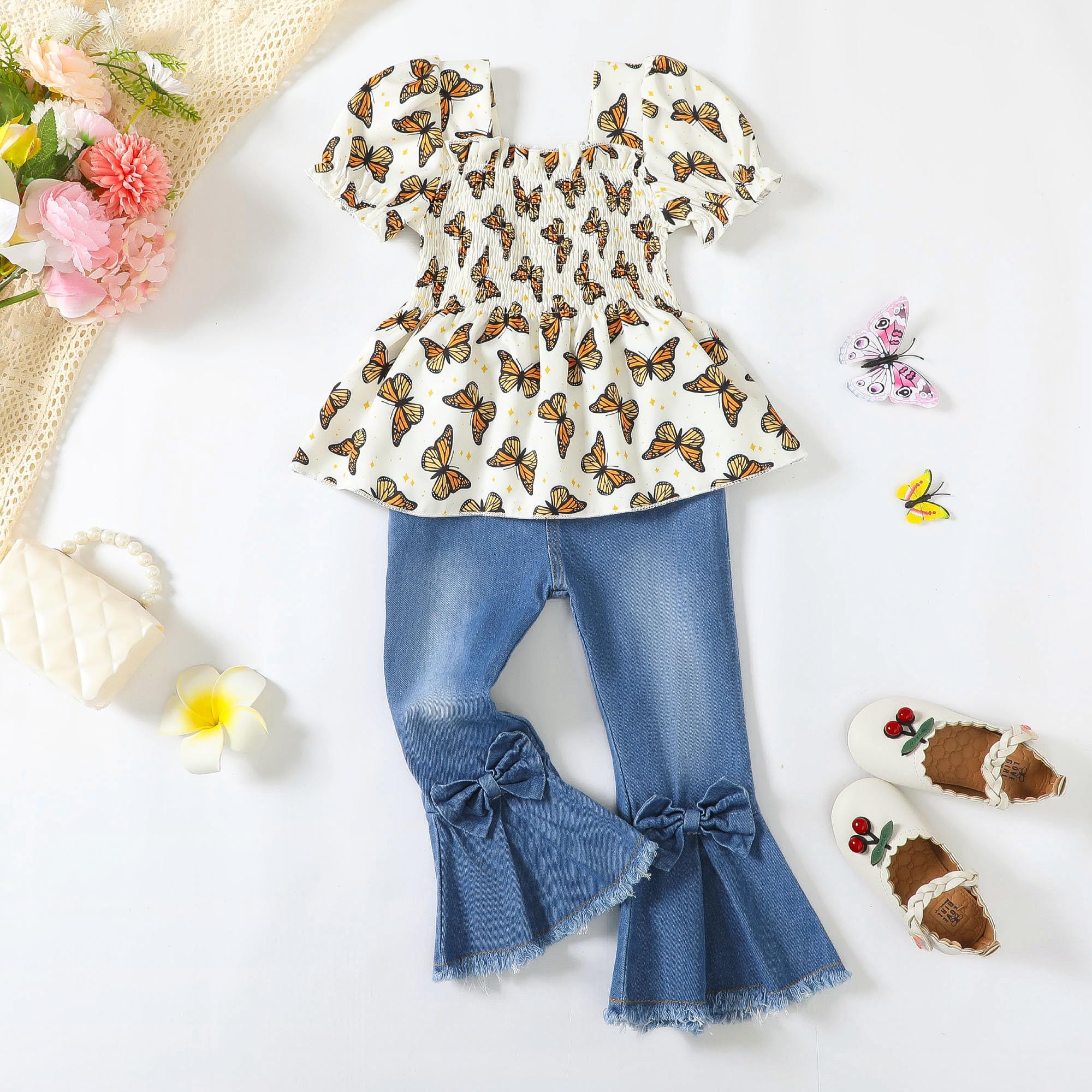 Kucnuzki Toddler Girls 2-Piece Outfit - Short Sleeve Shirt & Flare Denim Jeans Set | Cute Casual Wear for Playdates, Preschool & Family Photos