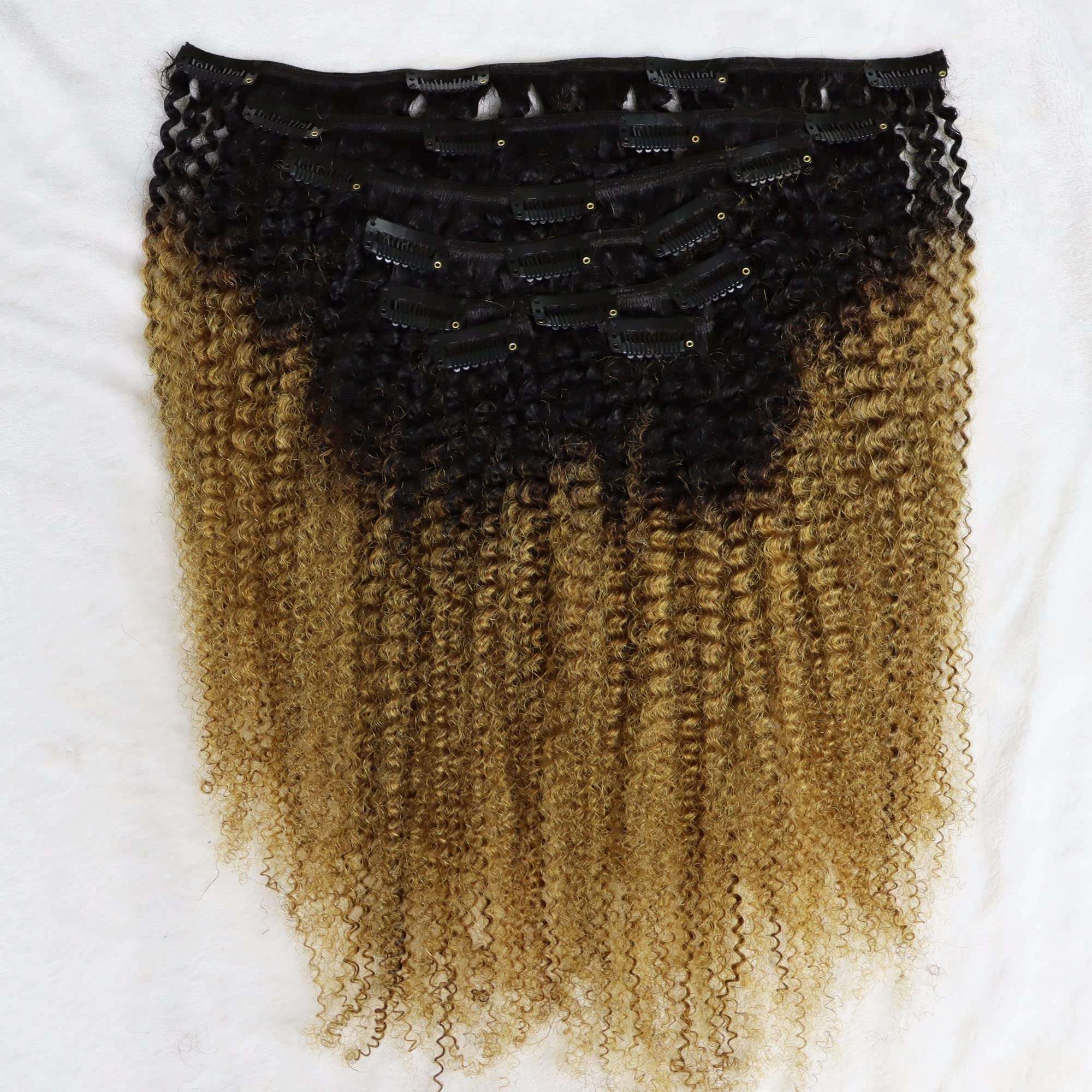 Virgin Human Hair Clip-In Extensions 4C Afro Kinky Curly Straight 120g - Real Human Hair Weave for Black Women - Perfect for Daily Styling, Parties & Special Occasions (T#1B/27, 12 Inch)