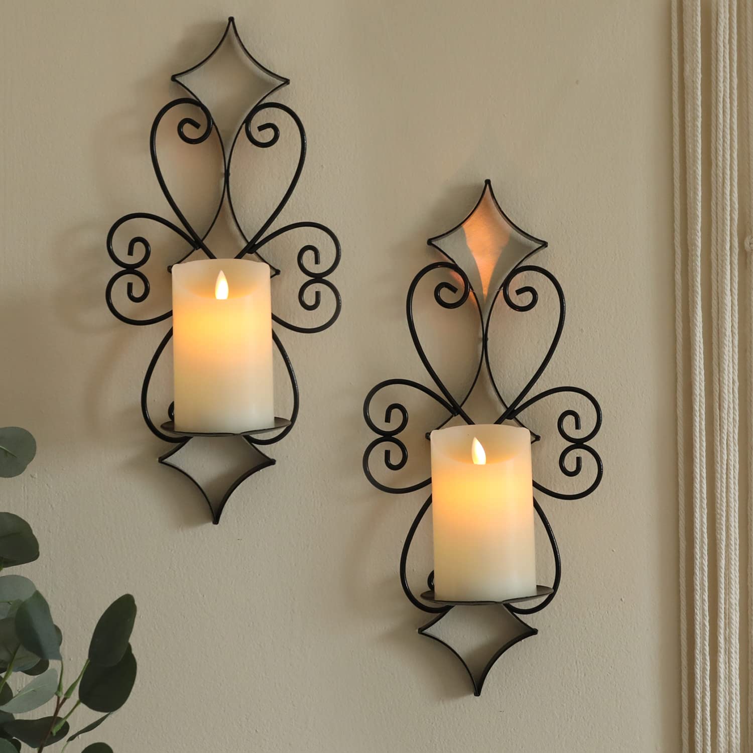 Set of 2 Black Metal Wall Candle Sconces Holder - Elegant Wall Mounted Candle Holders for Living Room, Bedroom & Dining Room Decor | Perfect for Romantic Ambiance, Wedding Decor & Home Interior Design