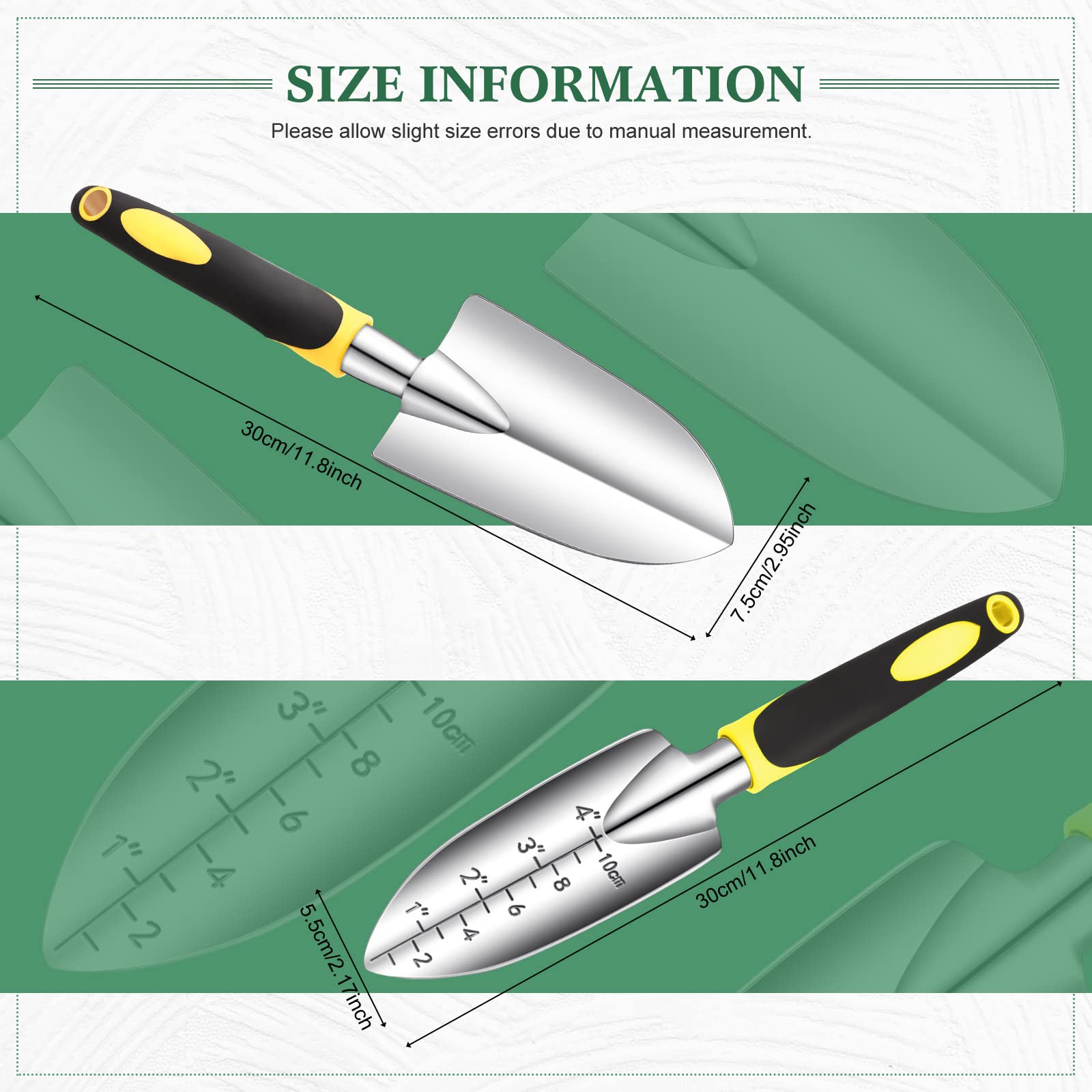 Honoson Aluminum Alloy Garden Hand Trowel with Measurements & Rubber Handle - Small Gardening Shovel for Planting, Transplanting, Cultivating - Perfect for Home Gardens, Flower Beds & Container Plants