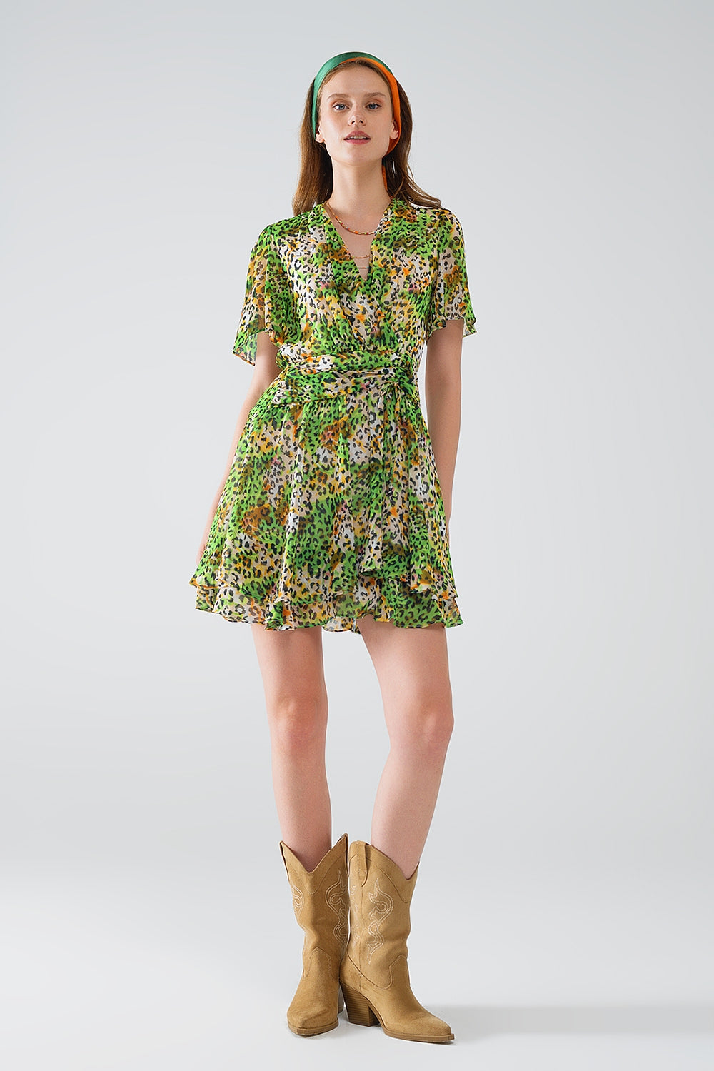 Women's Short Green Multicolor Robe with Animal Print Cross Top - Perfect for Loungewear, Beach Cover-Up, and Casual Outfits