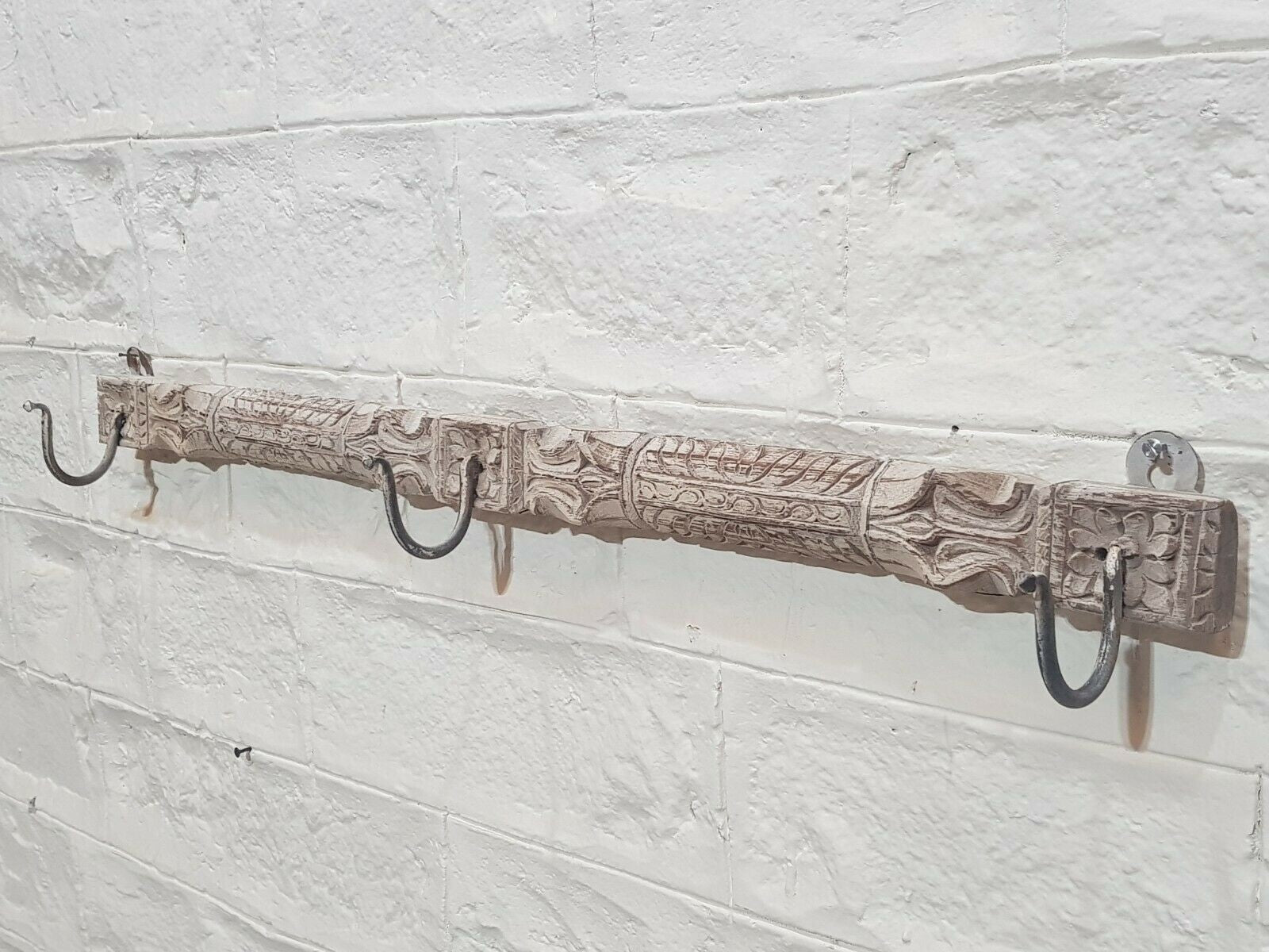 Hand Carved Indian Solid Wood Wall Hanger - 36.6 Inch Whitewashed Wooden Coat Rack - Perfect for Entryway, Bedroom, and Living Room Organization
