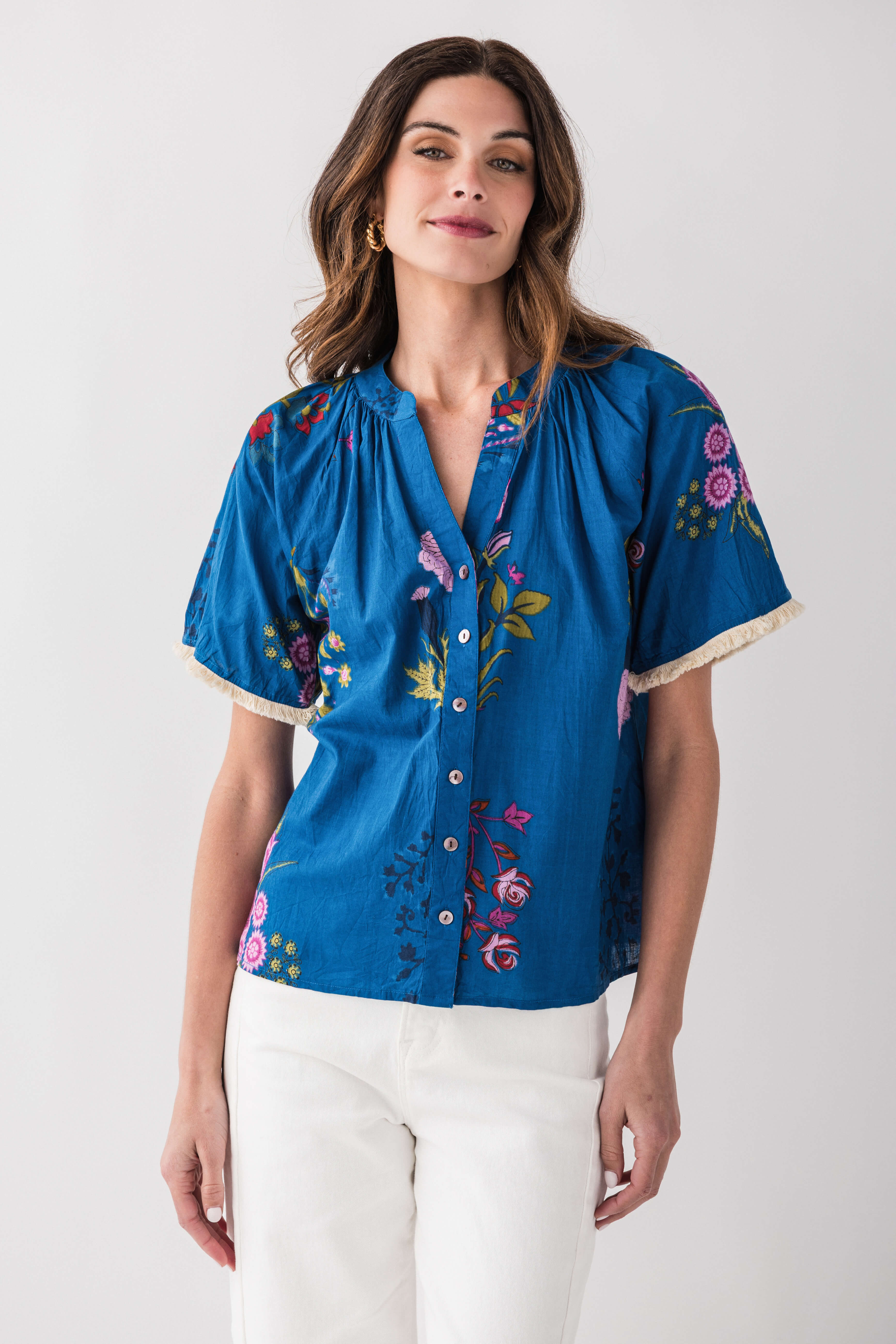 THML Floral Split Neck Eyelash Detail Blouse - Women's Elegant Lace Trim Tops for Party, Date Night & Special Occasions