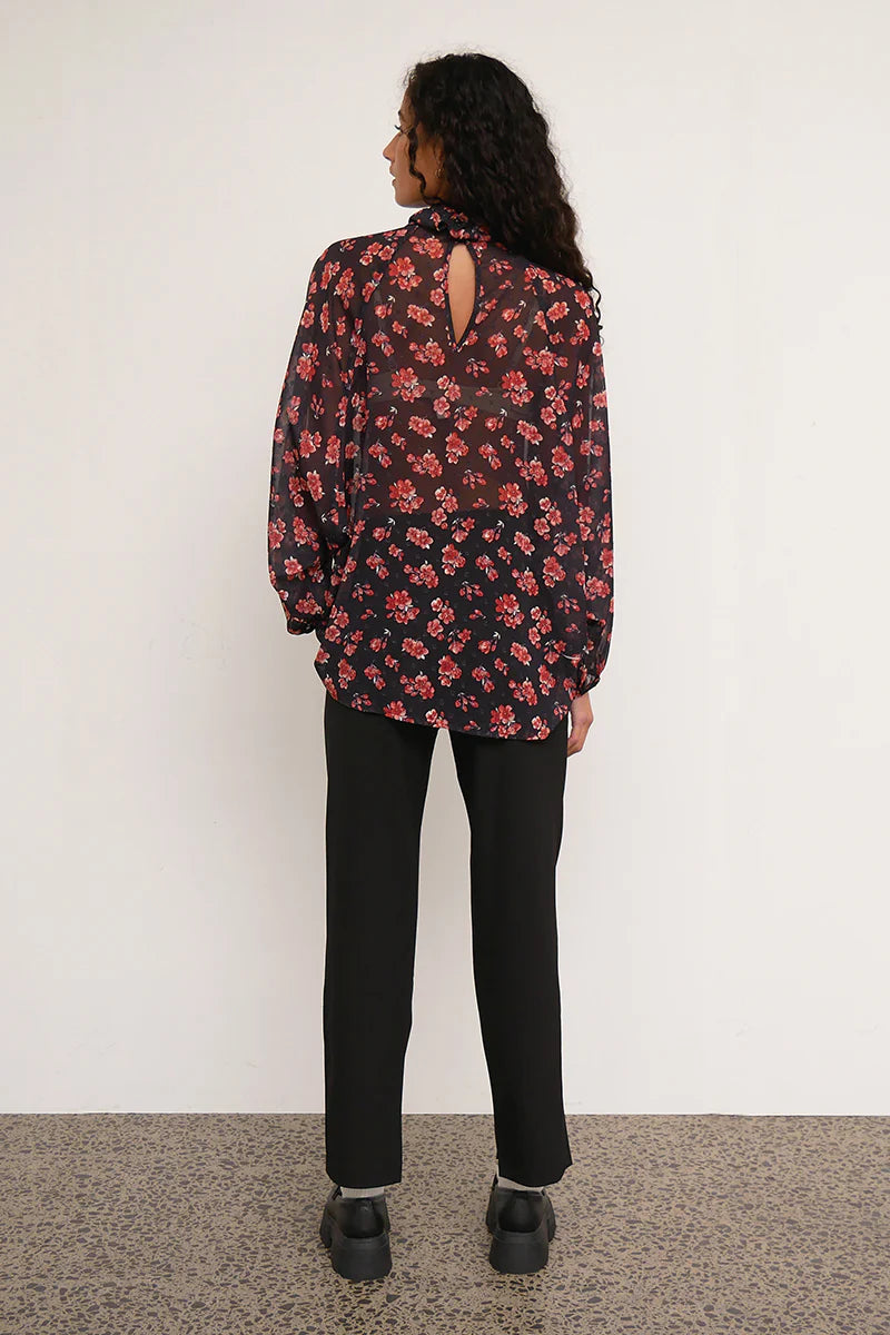 Floret High Neck Red Floral Blouse for Women | Elegant Floral Print Tops | Perfect for Office, Date Night & Spring Outfits