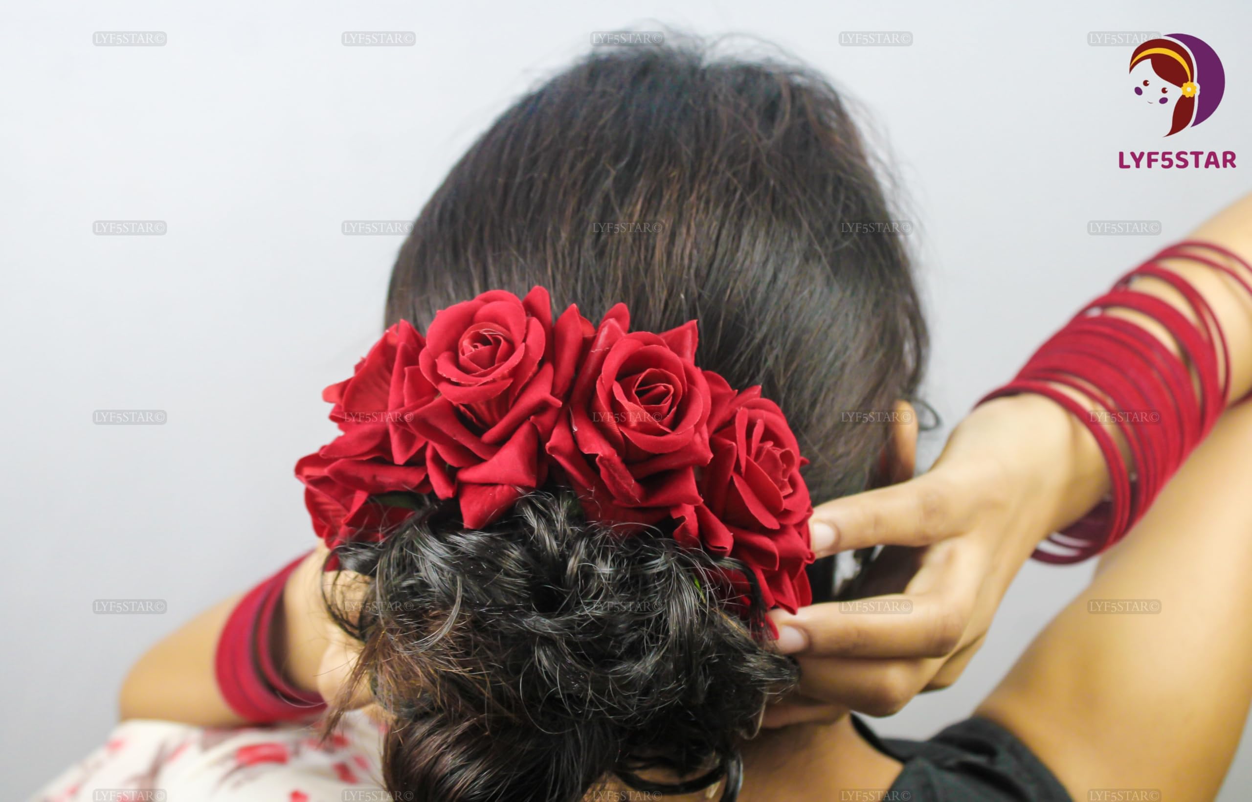 LYF5STAR Natural Red Rose Veni Gajra Hair Accessory for Women & Girls - Wedding Bridal Bun Hair Jewelry - Perfect for Indian Weddings, Festivals & Special Occasions - Pack of 1 (Red)