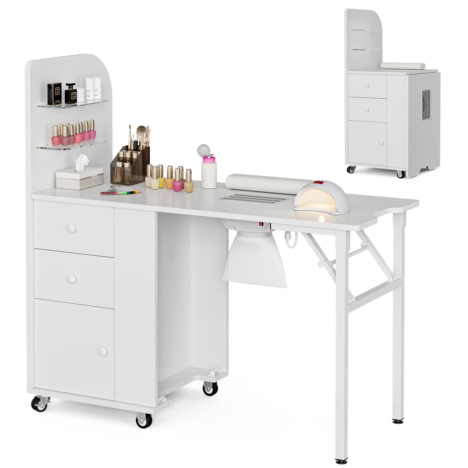Foldable Nail Desk Manicure Table - Portable Nail Tech Station with Dust Collector, 2 Open Shelves & 2 Drawers, Wrist Cushion & Lockable Wheels - Perfect for Home Salon, Professional Nail Artists & Mobile Nail Technicians (White)