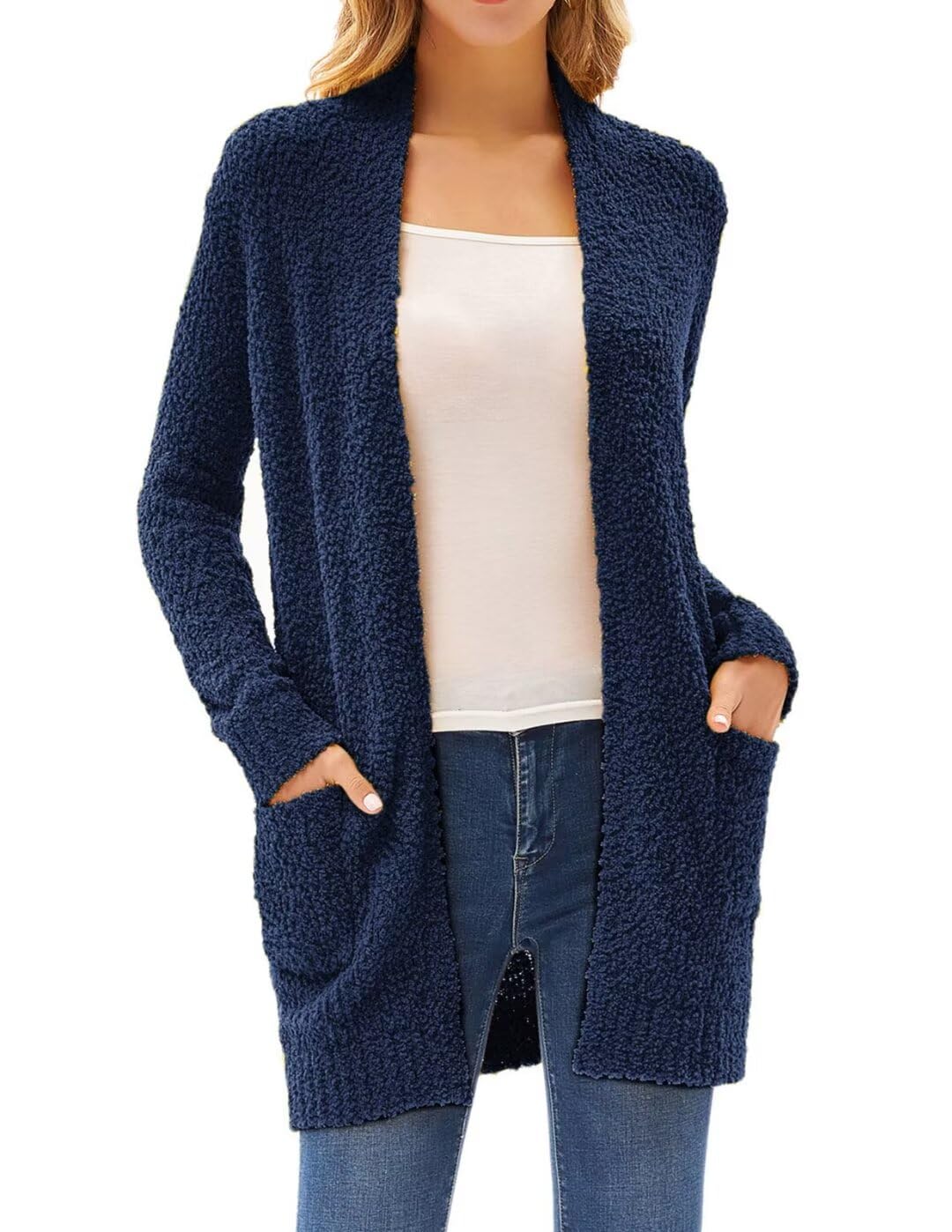 GRACE KARIN Women's Long Fuzzy Cardigan Sweater - Open Front Chunky Knit Coat with Pockets | Perfect for Fall Layering, Office Wear & Casual Outfits
