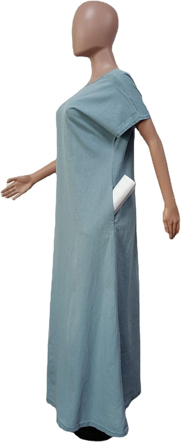 KELYWELL Women's V-Back Loose Maxi Long Denim Dress with Batwing Short Sleeves - 2024 High Street Fashion Jean Dress for Casual Outings, Beach Cover-Up & Summer Street Style