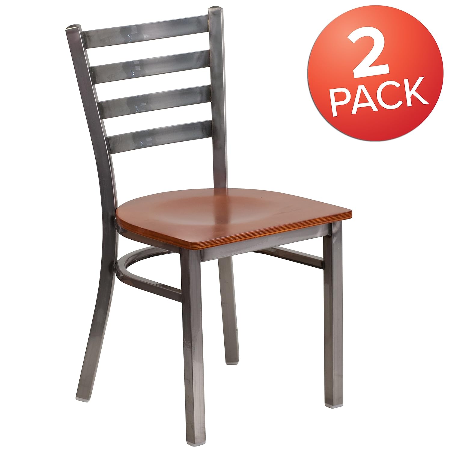 Flash Furniture 2-Pack HERCULES Series Clear Coated Metal Ladder Back Restaurant Chairs with Cherry Wood Seat - Stackable Dining Chairs for Cafes, Bistros & Commercial Use