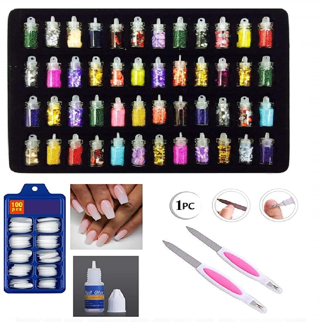 LANELLIE 152-Piece Nail Art Kit with 48 Glitter Stones, 100 Fake Nails, 2 Dual-Ended Dotting Pens & Nail Glue - Professional DIY Manicure Set for Home Salon, Parties & Gift Giving