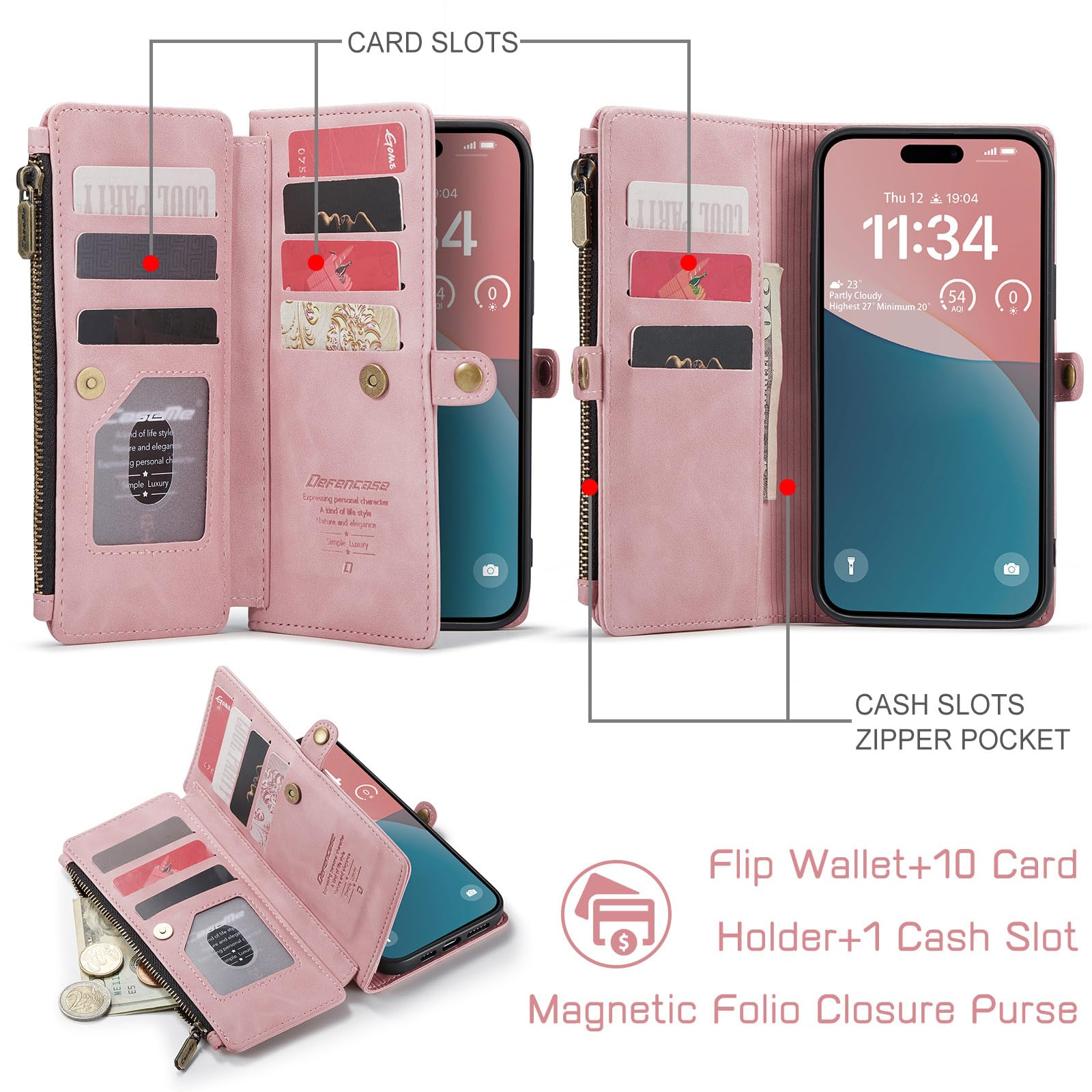 RFID Blocking PU Leather Magnetic Flip Wallet Phone Case for iPhone 12 Pro Max - Compatible with iPhone 12 Pro Max Case with Card Holder for Women & Men, Rose Pink | Perfect for Everyday Use, Travel Protection & Contactless Security