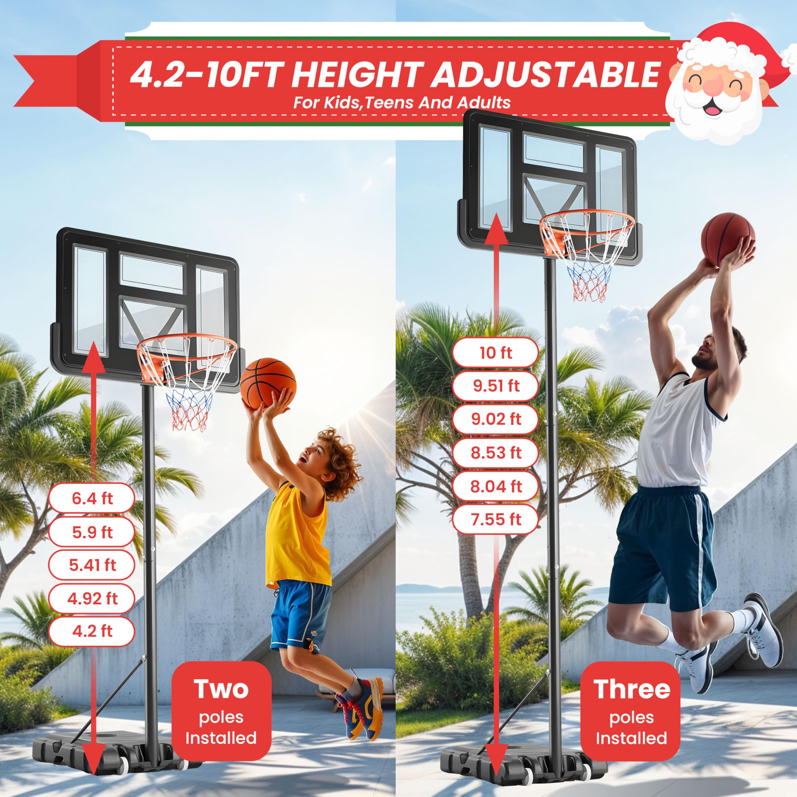 YSSOA 4.2-10Ft Adjustable Height Portable Basketball Hoop System with 44 Inch Shatterproof Backboard - Outdoor/Indoor Basketball Goal for Driveway, Backyard, Court - Perfect Gift for Kids, Youth & Adults - Great for Home Practice, School PE, and Family Fun Activities