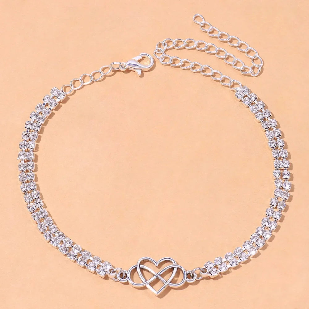 Stylish Women's Crystal Heart Anklet - Rhinestone Double Layer Tennis Chain Ankle Bracelet for Beach, Boho & Goth Fashion | Perfect Gift for Her, Birthday, Anniversary & Summer Vacations