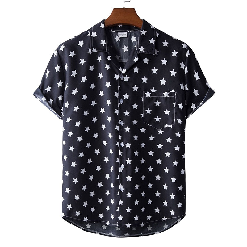 Hawaiian Star Print Short Sleeve Shirt for Men - Black Tropical Vacation Shirt - Casual Beachwear for Summer, Luau Party & Island Getaways