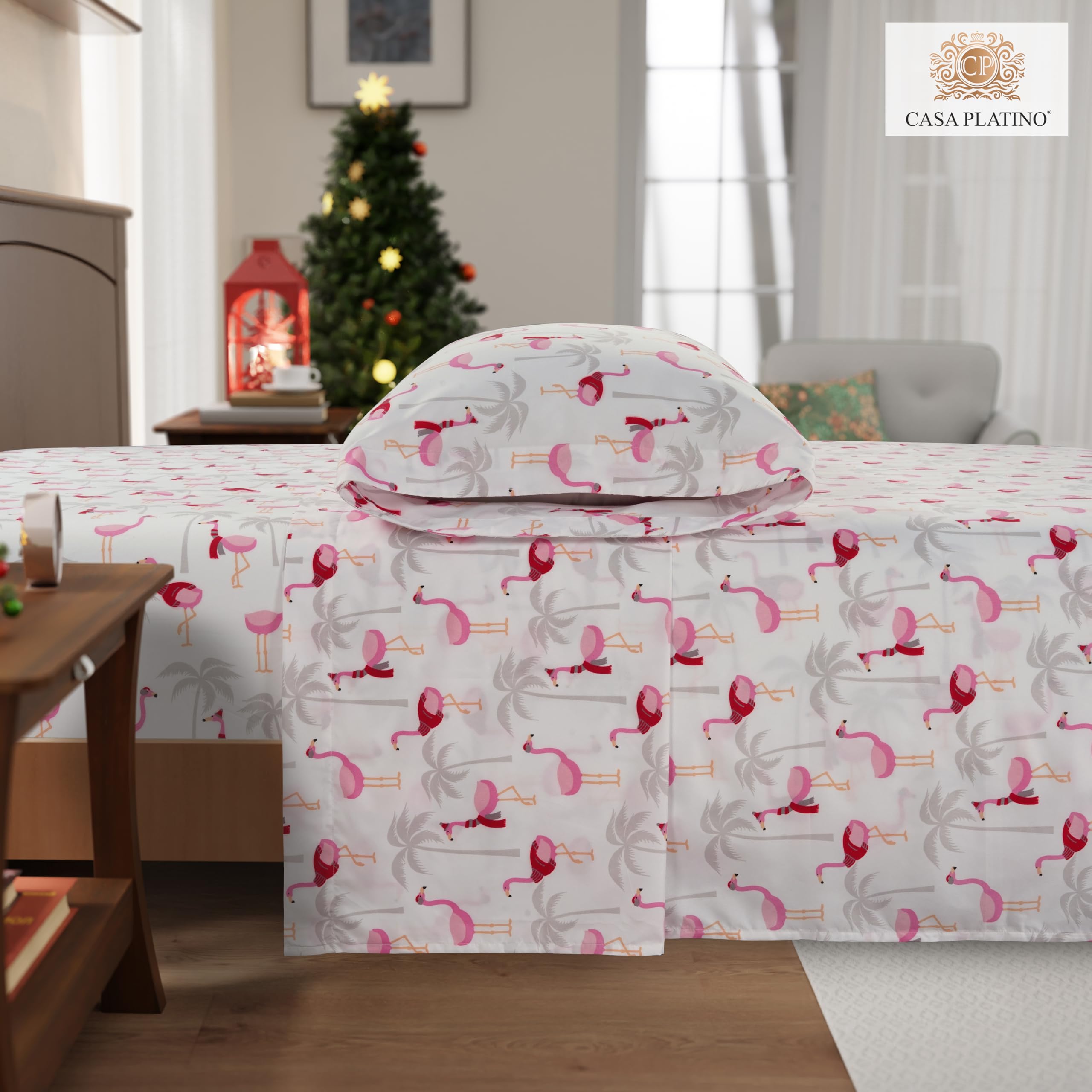 Premium Casa Platino Twin Size Bedding Set - Ultra Soft Brushed Microfiber Sheets & Pillowcases, Breathable & Cozy for All Seasons | Perfect for Guest Rooms, Dorms, and Vacation Homes - Flamingo Holiday Design