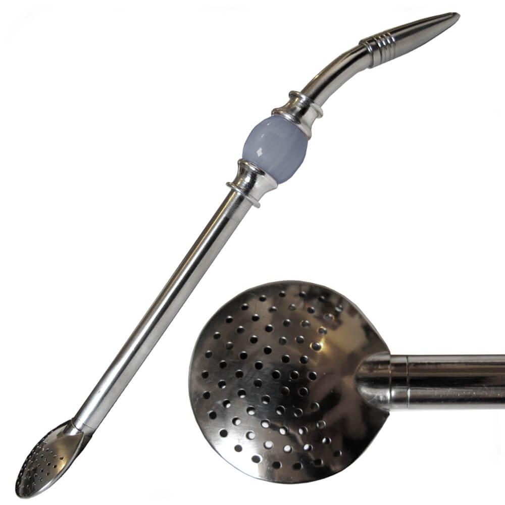 Premium Brazilian Bomba Bombilla with Grey Beads - Stainless Steel Yerba Mate Straw for Traditional Tea Drinking & Social Gatherings