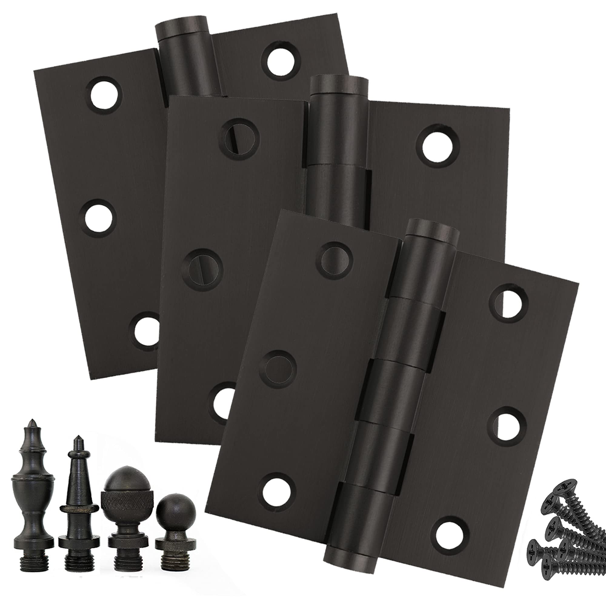 3 Pack Solid Brass Hinges 3x3 Inch - Oil Rubbed Bronze Cabinet Hinges with Acorn Tips - Heavy Duty Door Hardware for Kitchen Cabinets, Furniture & DIY Projects