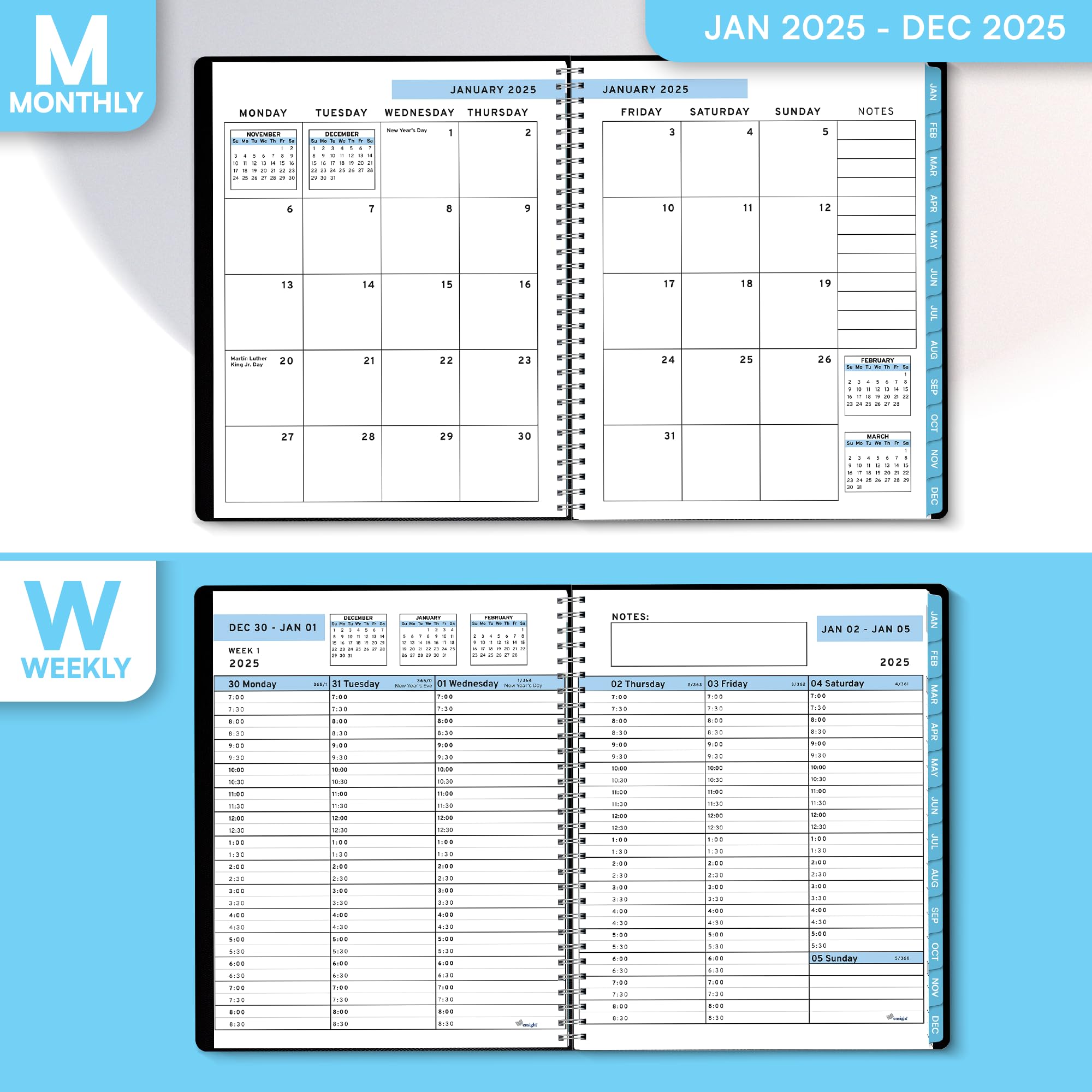 2025 Daily Planner with 30-Minute Time Slots - 6.5 x 8.5 Inch Professional Appointment Book for Business & Personal Use, Weekly/Monthly Calendar Organizer Jan-Dec 2025 (Blue) - Perfect for Office Scheduling, Time Management & Goal Tracking