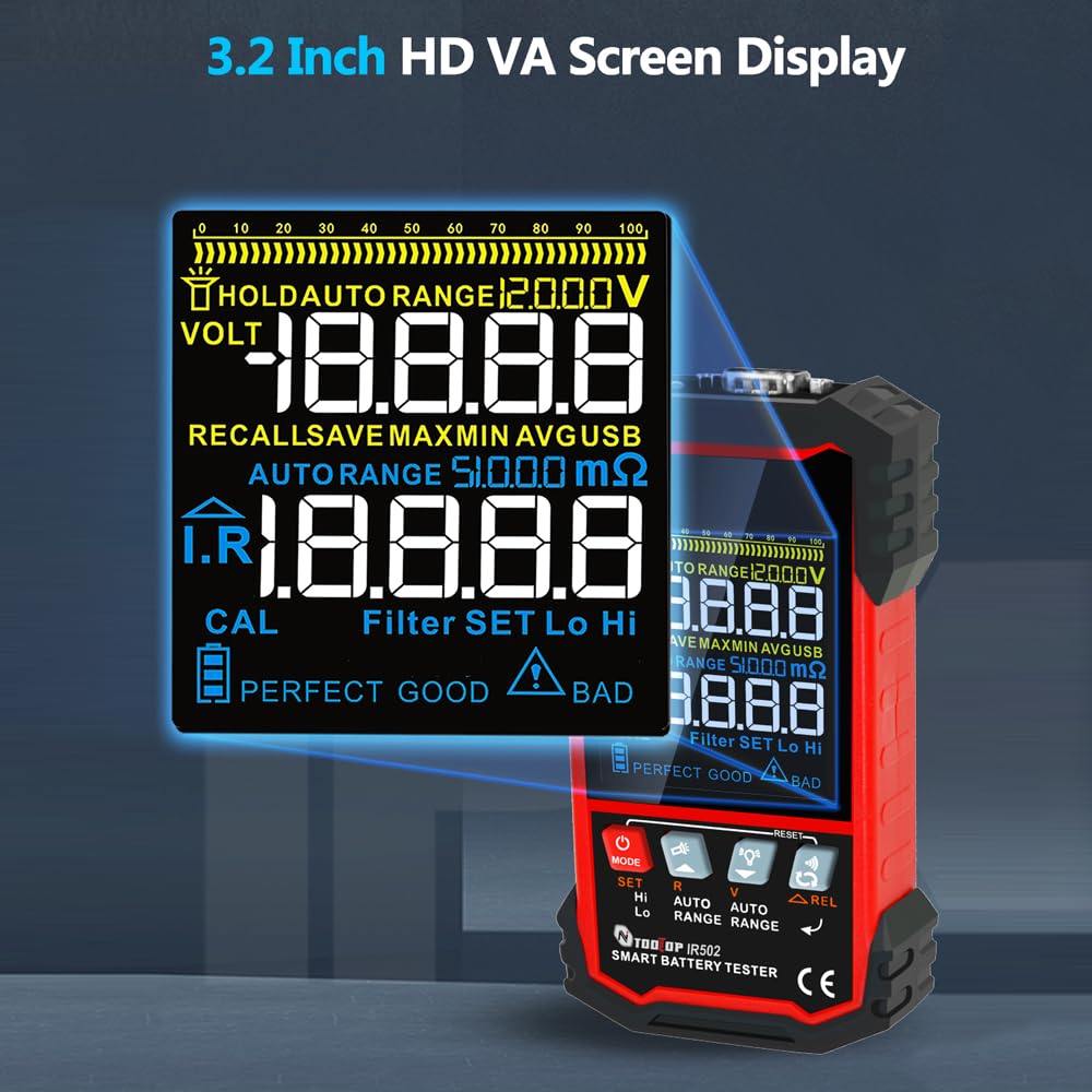 WOTAO 3.2-inch Digital Battery Internal Resistance Tester - Professional Voltage Measurement Device with Self-Calibration, Dual Alarm & Auto Shutoff - Perfect for Car Batteries, Solar Panels & Electronics Maintenance