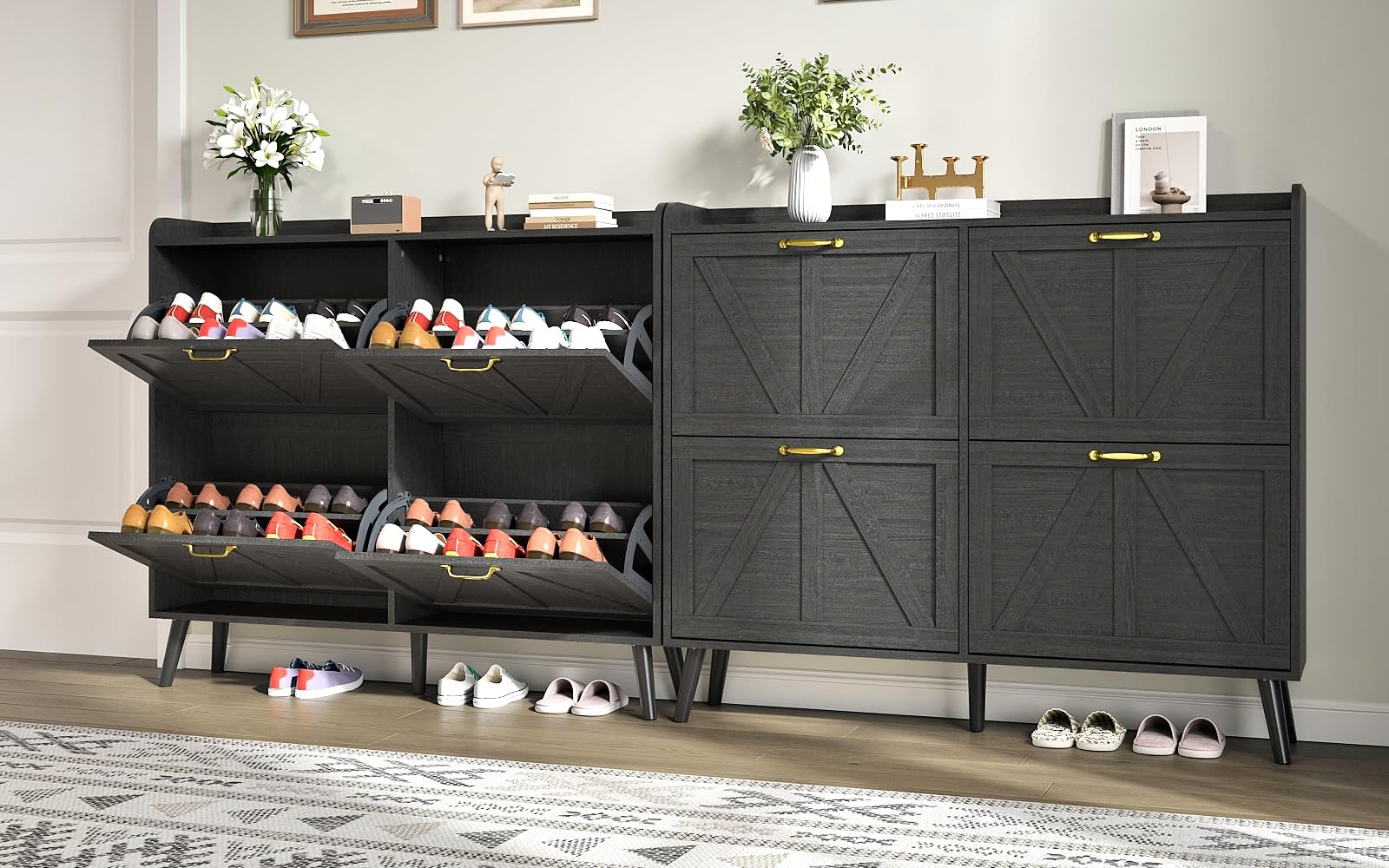 4-Tier Flip-Drawer Shoe Storage Cabinet - Freestanding Entryway Organizer with Wooden Legs | Farmhouse Style Hidden Shoe Rack for Hallway, Bedroom & Closet (Black)