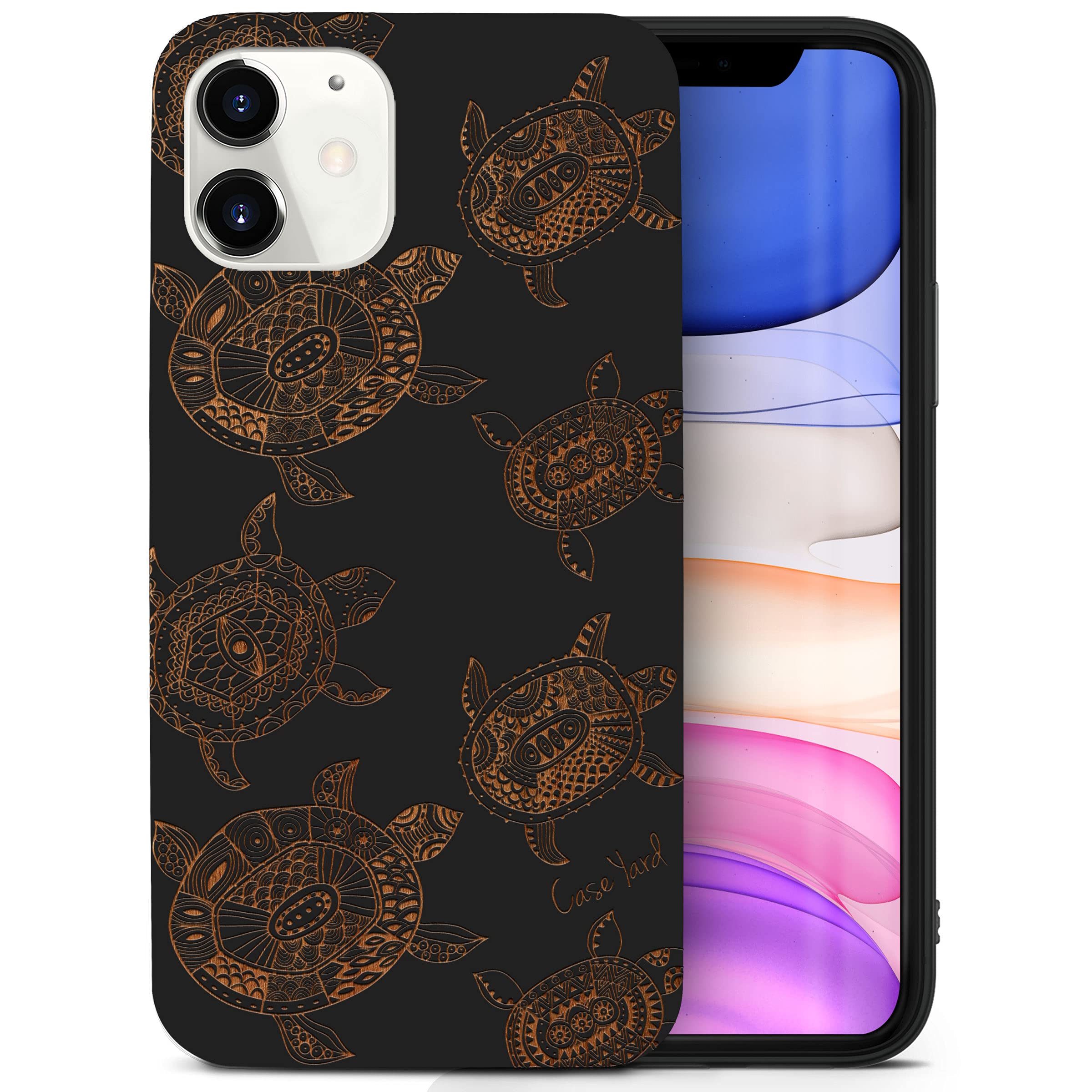 CaseYard Wooden Phone Case for iPhone 11 - Laser Engraved Turtle Design, Slim Fit Shockproof Protective Cover (Black) - Perfect Gift for Men & Women, Ideal for Outdoor Activities & Daily Use