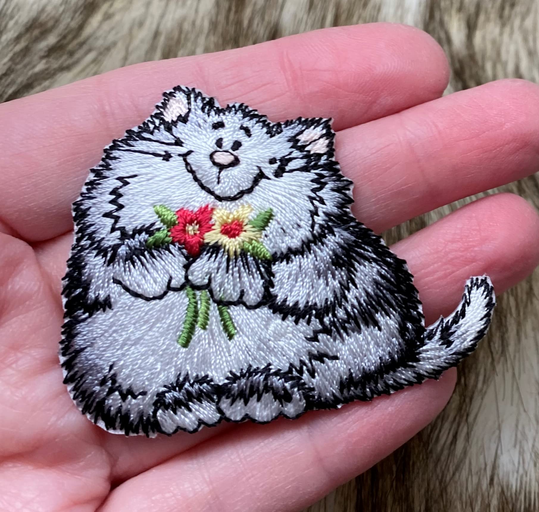 Gray Kitty Cat Embroidered Iron On Patch with Red & Yellow Flowers - Perfect for Pet Lovers, DIY Clothing, Jackets, Backpacks & Costume Decoration