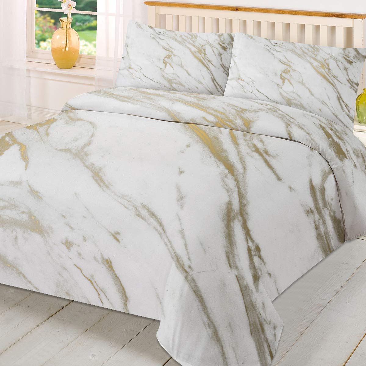 Premium 3-Piece Full Size Duvet Cover Set - White Gold Marble Comforter with 2 Pillow Shams | Soft Lightweight Bedding | Wild Symbol Design | Perfect for Guest Rooms, Master Bedrooms & Cozy Home Decor