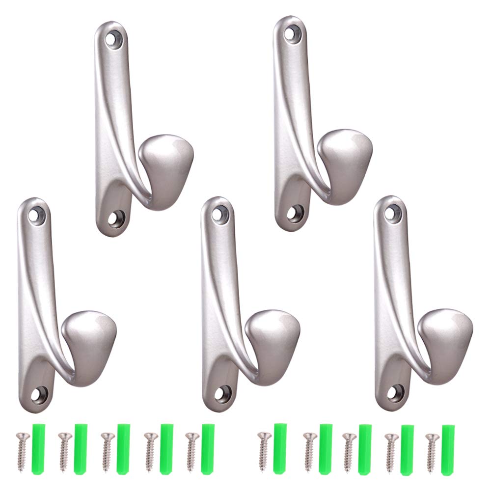 5-Pack Heavy Duty Wall Hooks for Backpacks, Towels & Robes - Stainless Steel Mounting Hooks with Screws & Anchors - Perfect for Entryway, Bathroom & Patio Organization (Satin Nickel Finish)