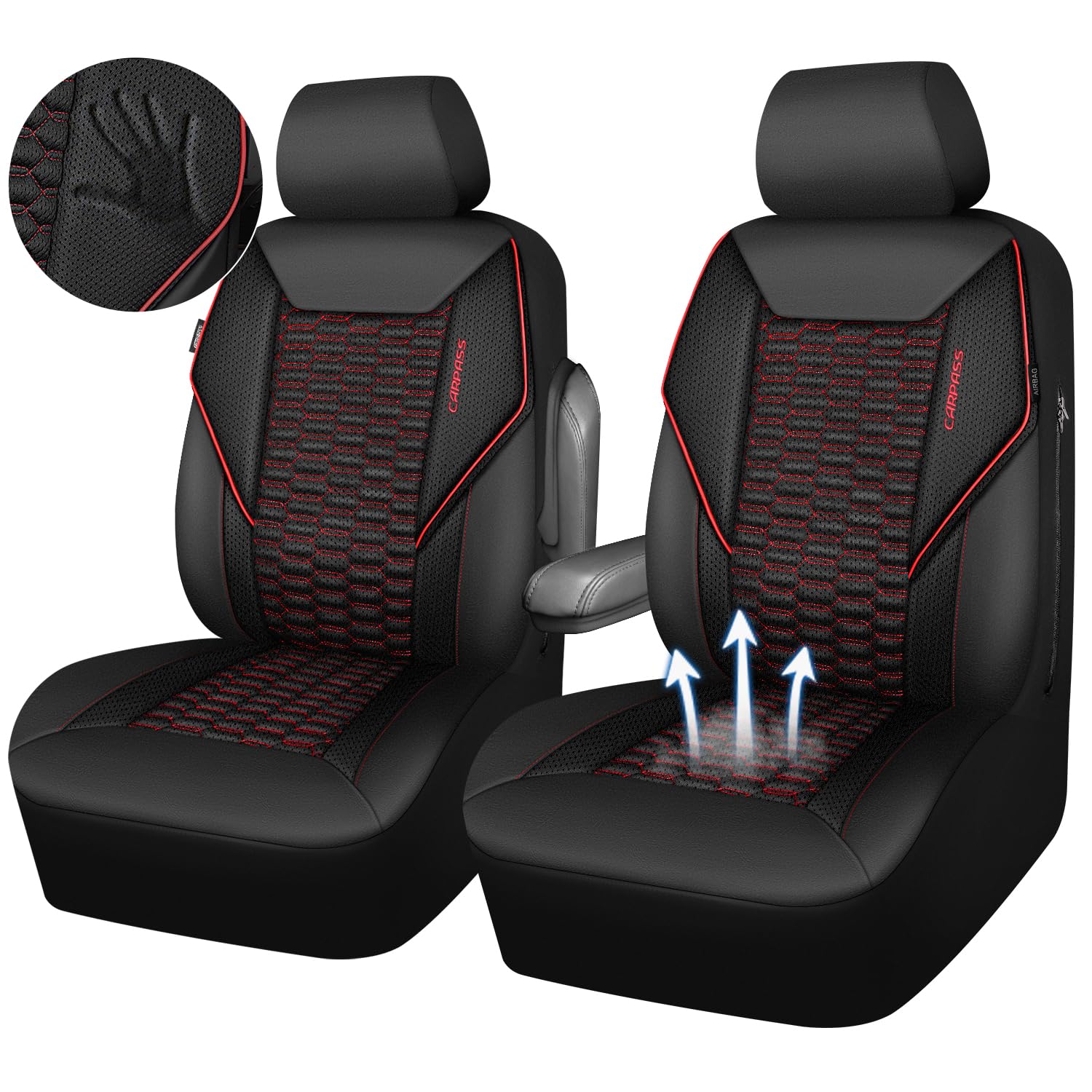 3D Foam Mesh Leather Car Seat Covers - Universal Fit for SUV, Truck & Sedan - Air Cool Front Seat Covers with Armrest & Airbag Compatibility (Black & Red) - Perfect for Summer Driving & Long Road Trips
