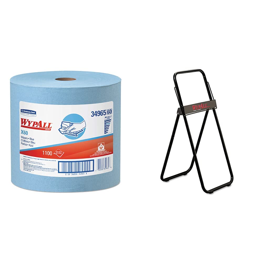 Wypall X60 Reusable Industrial Cleaning Cloths - Blue Jumbo Roll (1100 Sheets/Roll, 1 Roll/Case) with Black Dispenser - Heavy-Duty Shop Towels for Automotive, Workshop & Commercial Cleaning - KCC34965